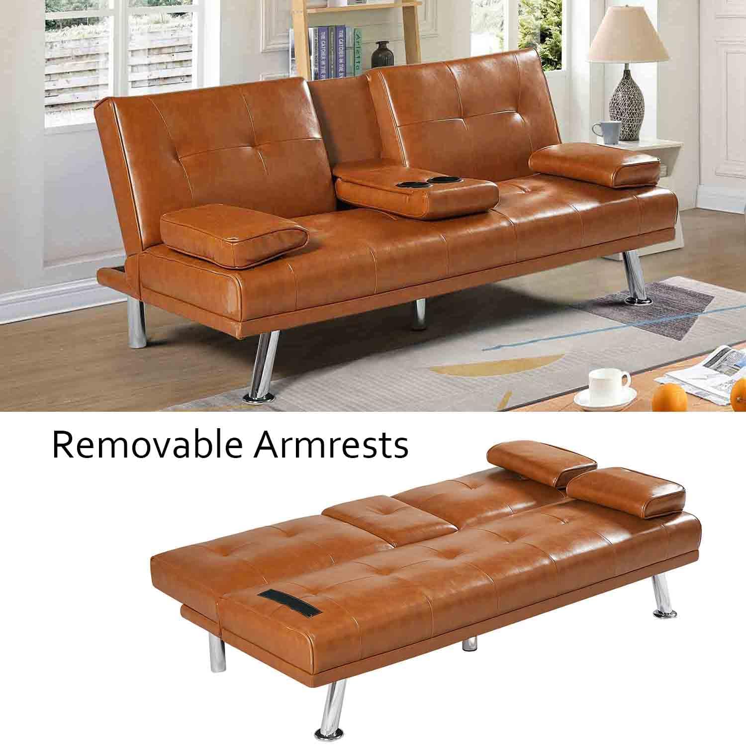 66” Modern Futon Sofa Bed with 2 Cupholders, Convertible Adjustable Upholstered Loveseat with Removable Armrests/Metal Legs, Memory Foam Living Seat for Compact Spaces/Office,Brown(Brown)