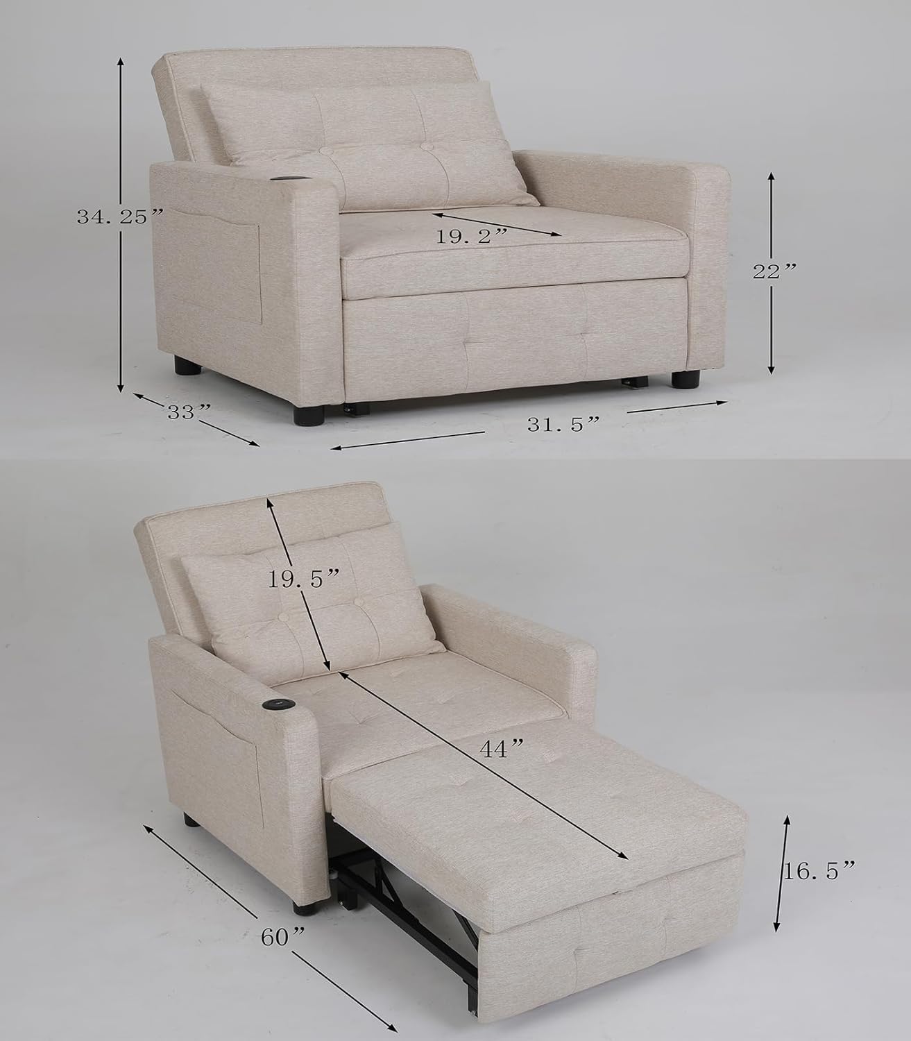 3 in 1 Pull Out Linen Single Sofa Bed with Adjustable Backrest and USB Port, Convertible Sleeper Chair with Side Pocket and Cup Holder for Adults, Teens, Bedrooms