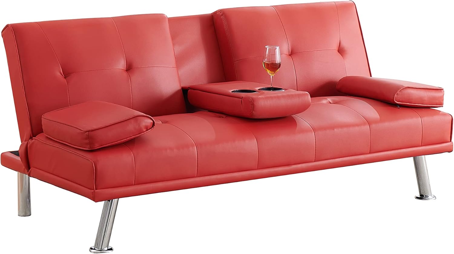 Modern Upholstered Convertible Folding Futon Sofa Bed, Convertible Sleeper Sofa, Couch, Loveseat with Metal Legs,2 Cupholders for Compact Living Space Living Room,Bedroom,Apartment (Beige)