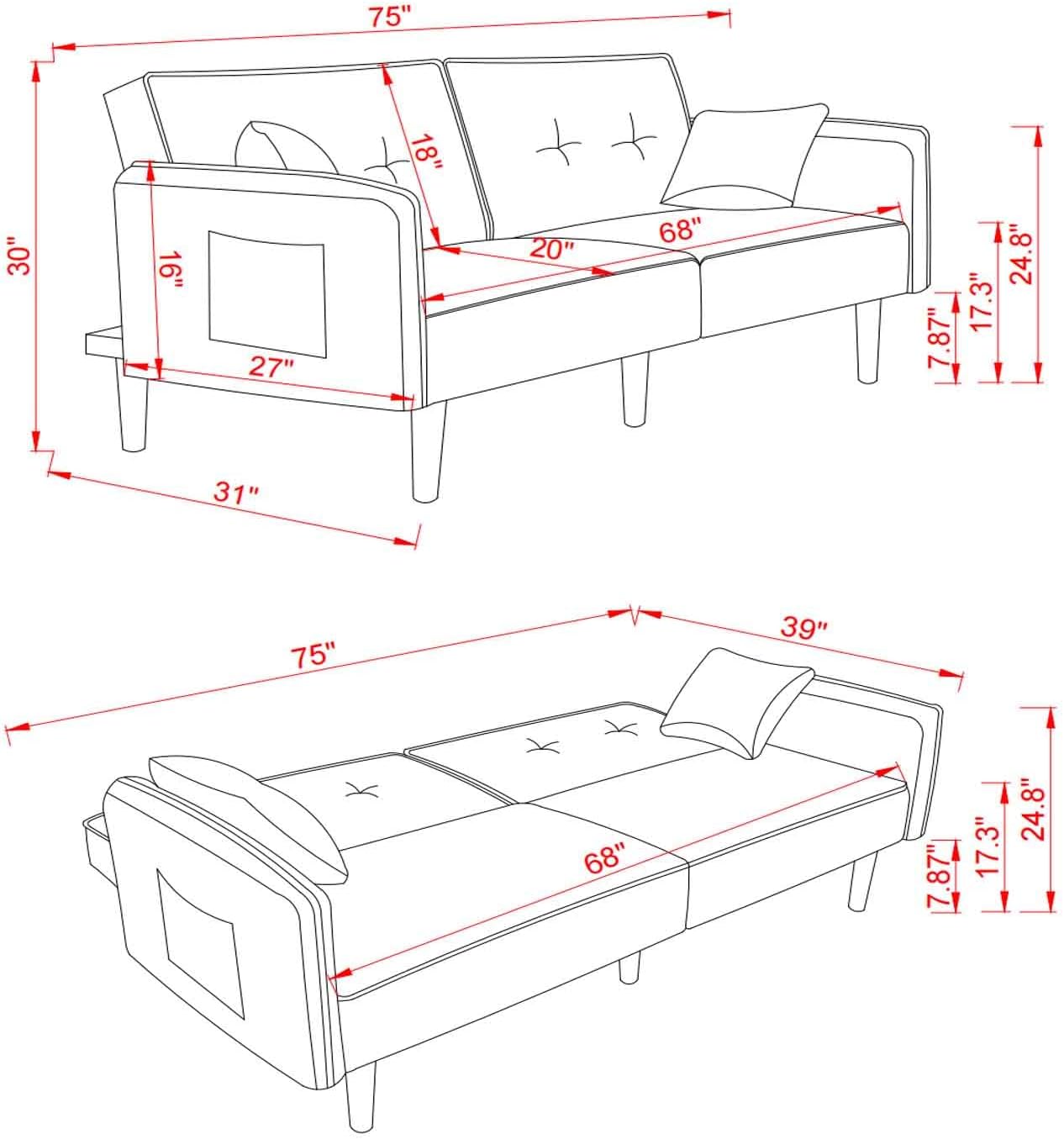 75” Futon Sofa Bed, Modern Sleeper Couch with Wood Legs/Magazine Bag, Folding Upholstered Recliner Sofa, Memory Foam Living Seat for Apartment/Office/Studio, Grey