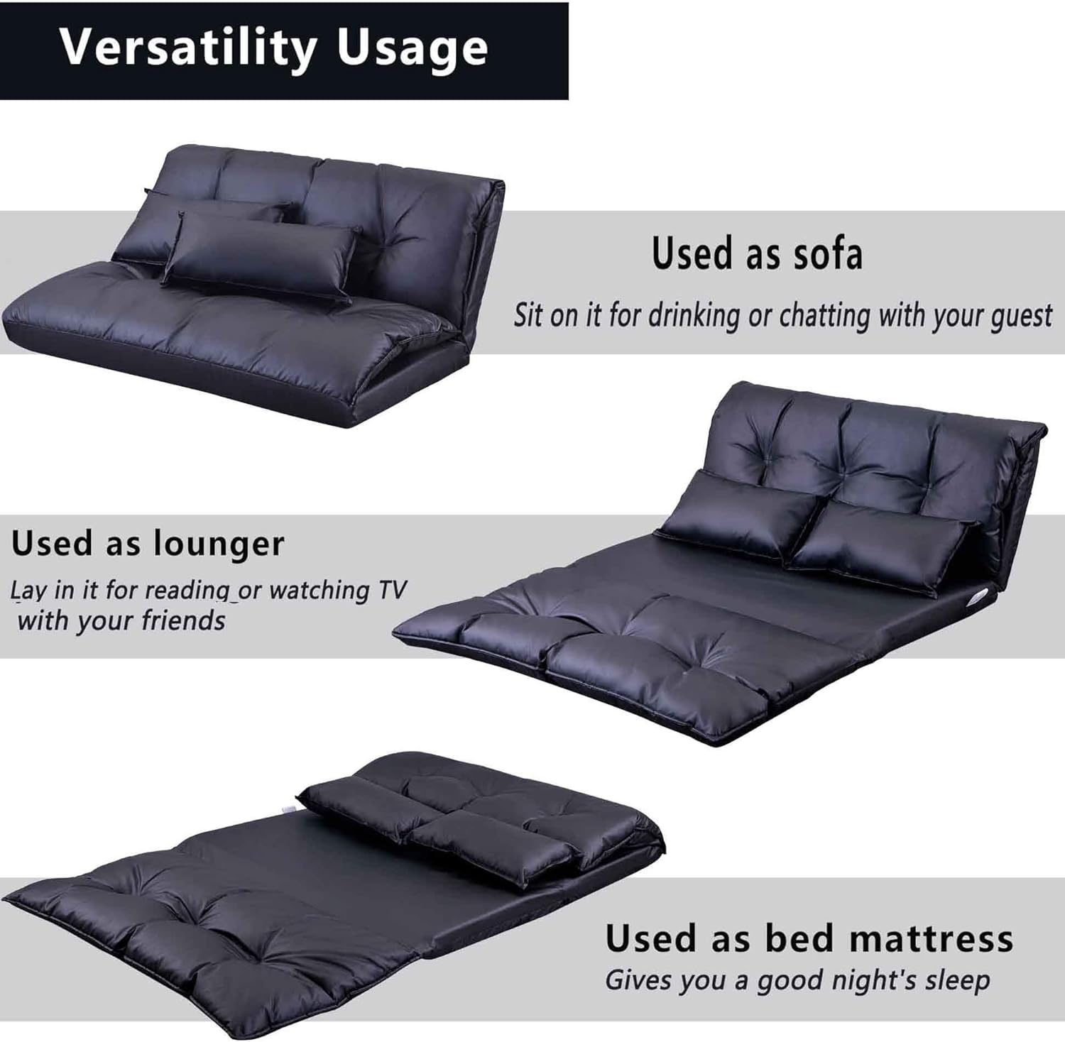 Lazy Sofa with 2 Pillows, Floor Sofa Bed with Adjustable Backrest, Folding Futon Sofa for Reading Gaming Small Spaces Apartment Balcony, Leisure Chaise Lounge Couch Bed (Blue)(Black)