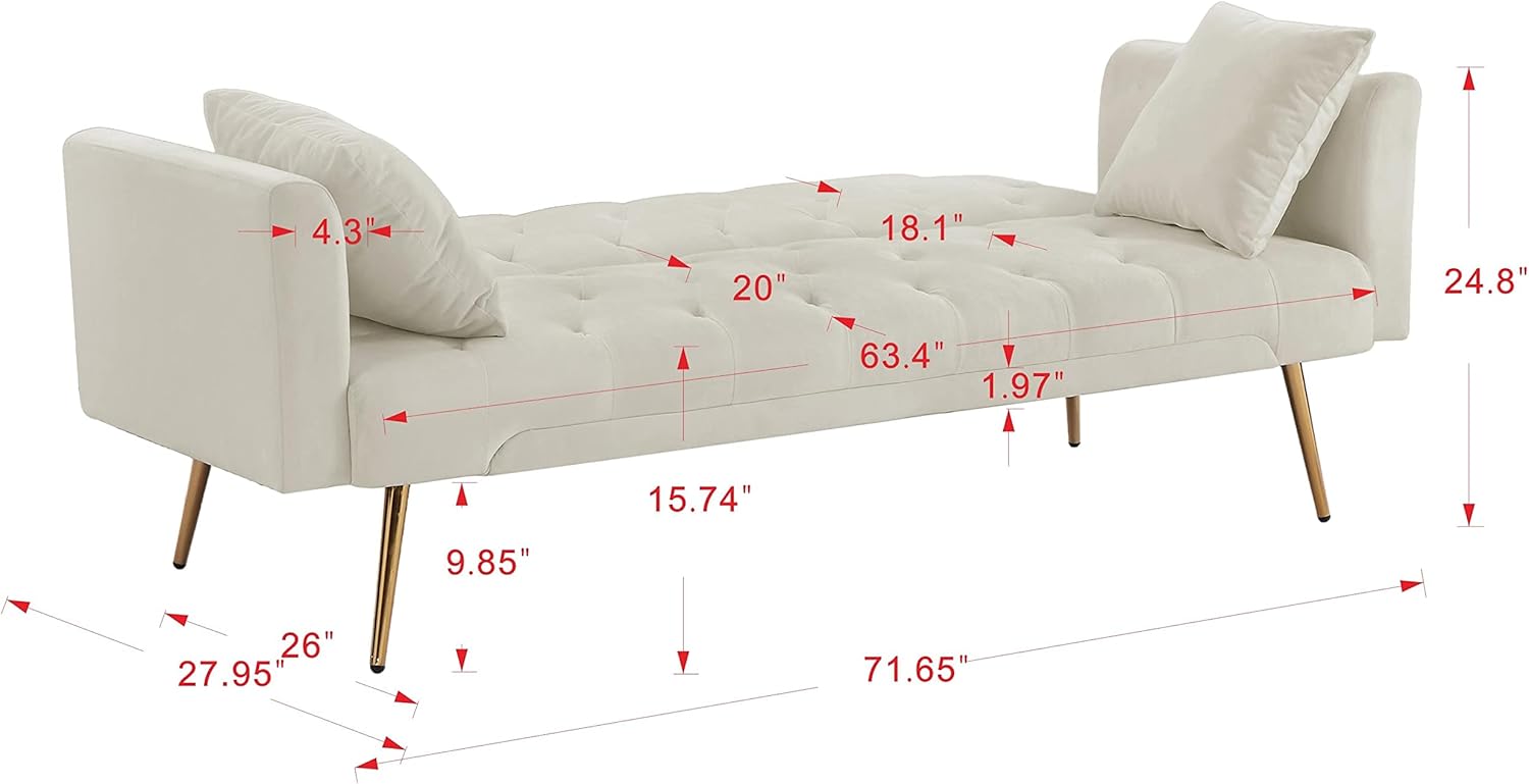 72" Velvet Futon Sofa Bed,Convertible Folding Sleeper Couch Bed,Modern Tufted Recliner Loveseat with Golden Chrome Legs for Small Living Spaces,Bedroom Dorms Office (Beige+Pillows)