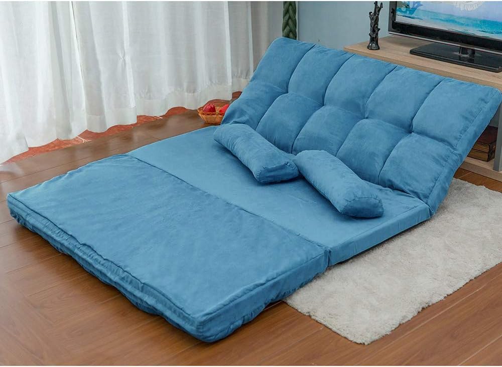 Adjustable Floor Sofa, Foldable Lazy Sofa Sleeper Bed 6-Position Adjustable, Convertible Floor Sofa Chair, Floor Gaming Sofa Couch with 2 Pillows for Bedroom/Living Room/Balcony (Brown)(Blue)