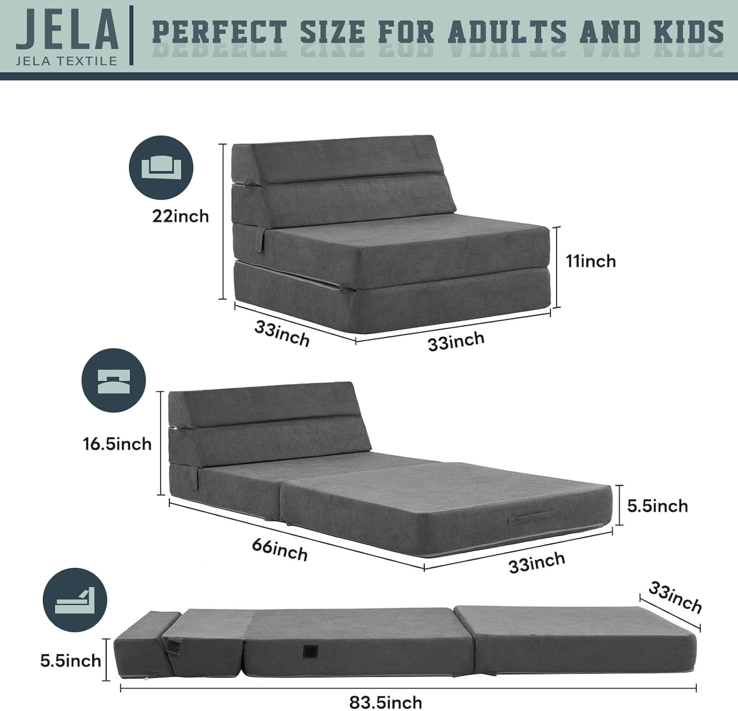 jela Foldable Sofa Bed Large Soft Foam Convertible Sleeper Chair Luxury Miss Fabric Fold Out Chair Bed Floor Couch with Back Support Floor Sofa for Living Room Bedroom (83"x33",Dark Gray)(Corduroy Darkgray,Standard)