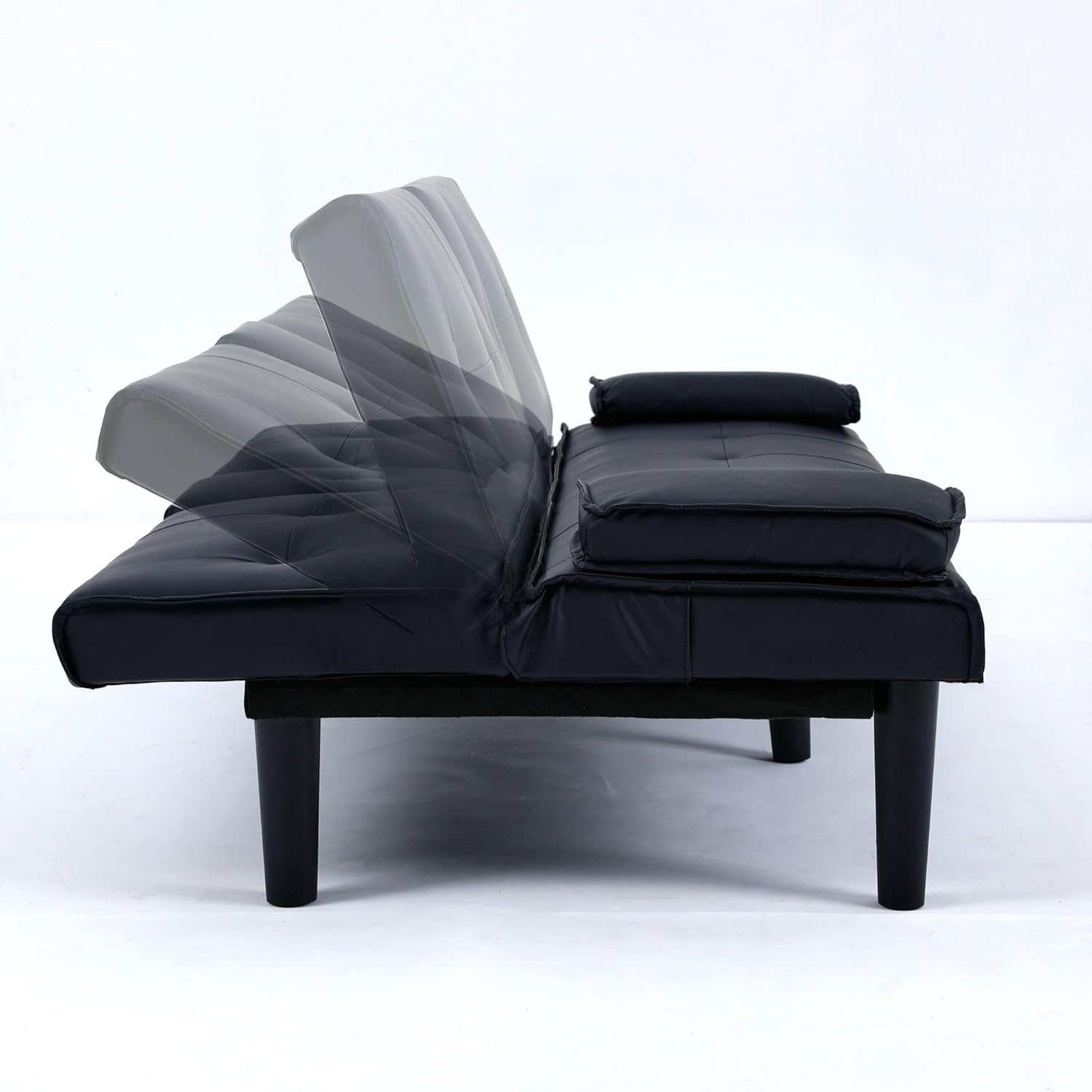 Modern Convertible Futon Sofa Bed, 3-Position Folding Couch with 2 Cup Holders & Detachable Armrests, PU Leather Multi-Functional Sleeper for Living Space, Workspace, Dormitory (Black)(Black)