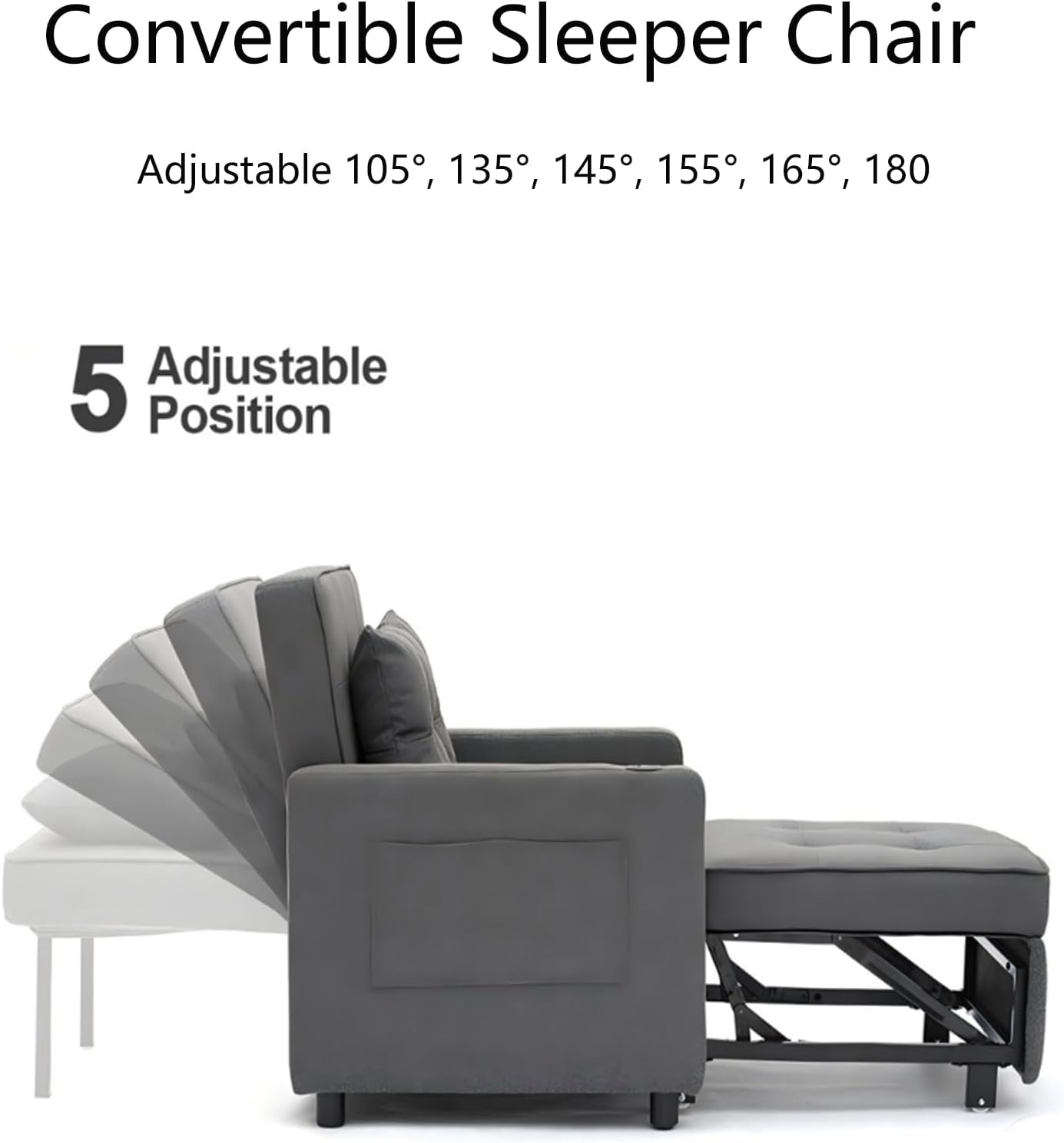 3 in 1 Pull Out Linen Single Sofa Bed with Adjustable Backrest and USB Port, Convertible Sleeper Chair with Side Pocket and Cup Holder for Adults, Teens, Bedrooms