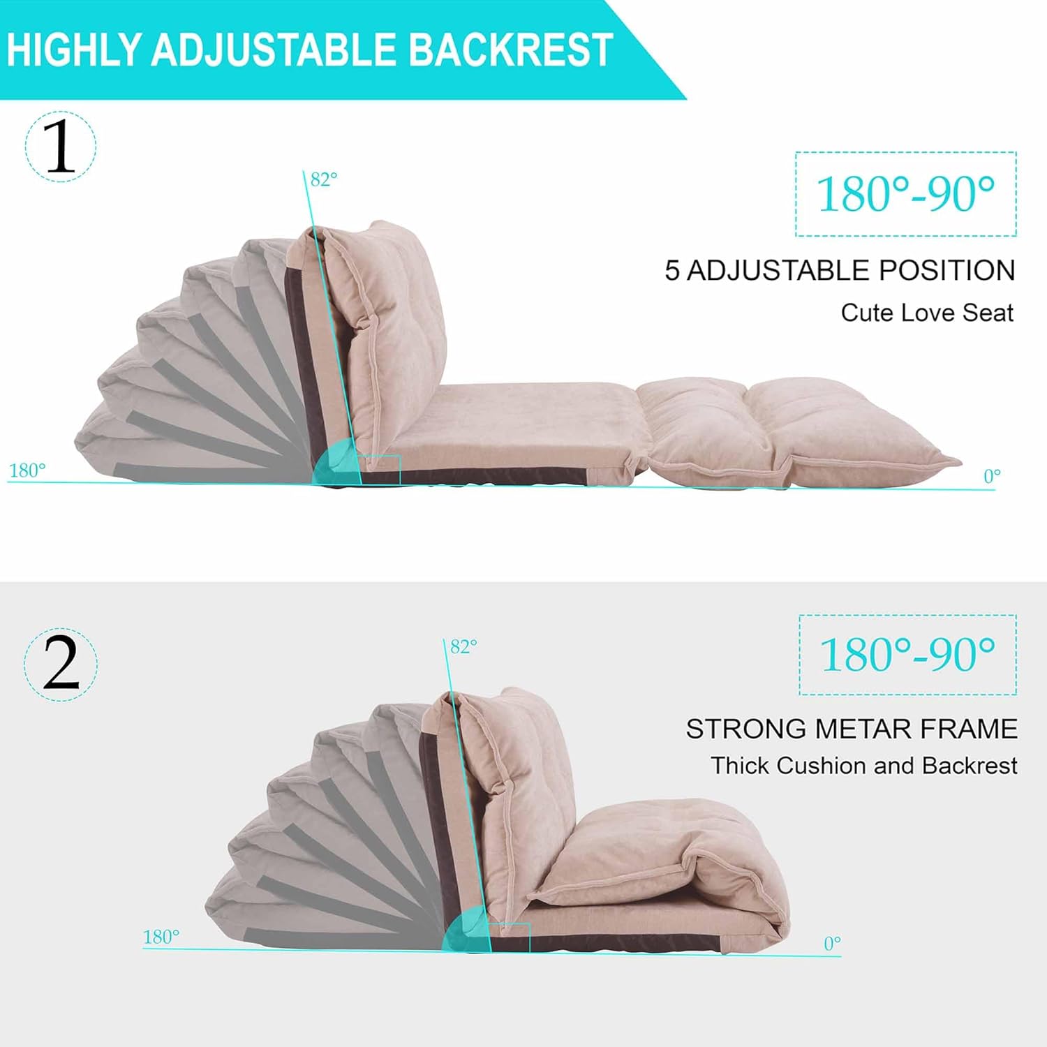 Floor Sofa Bed with 2 Pillows, Adjustable Lazy Sofa, Folding Futon Couch, Video Gaming Sofa for Bedroom/Living Room/Balcony, Lounge Couch Bed, 5 Reclining Position (Red)(Beige)