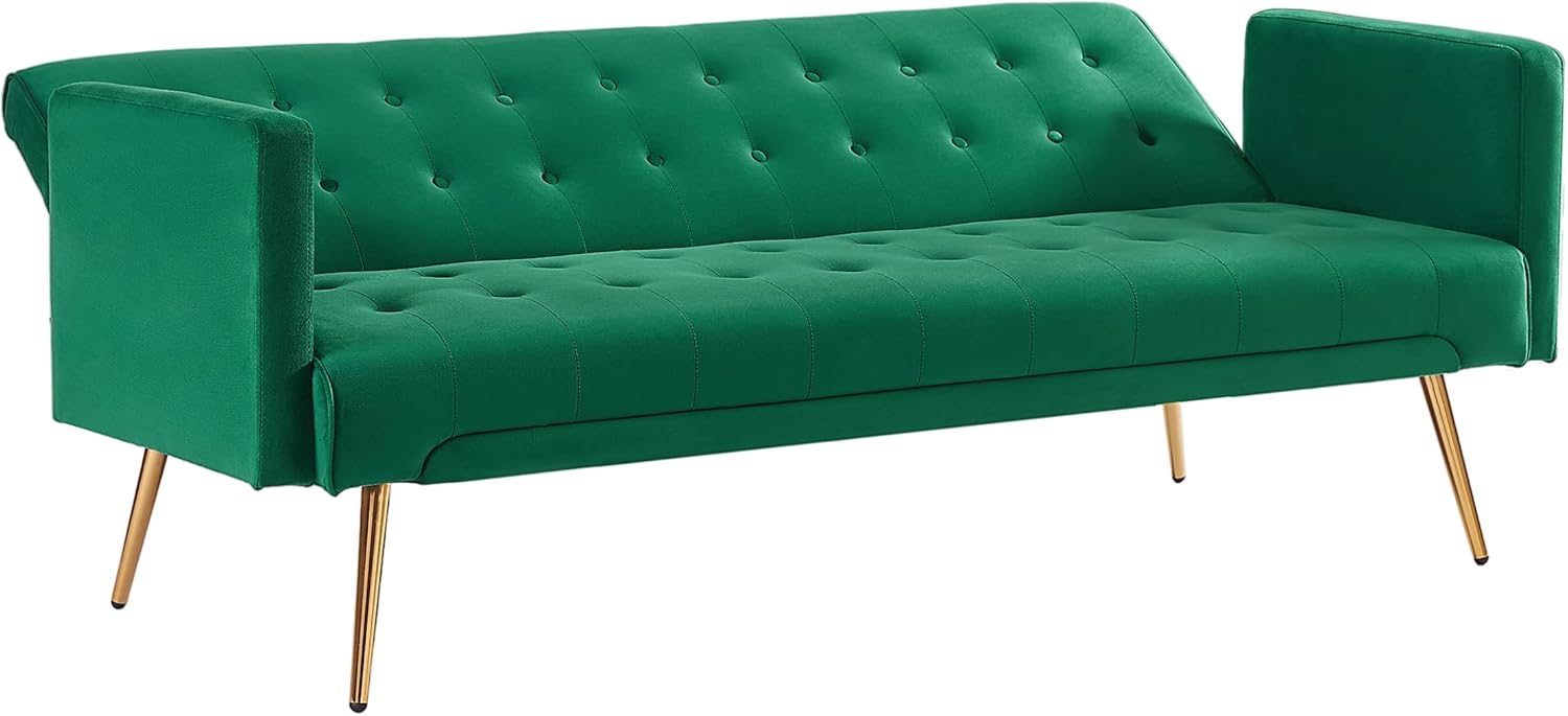 72" Velvet Futon Sofa Bed,Convertible Folding Sleeper Couch Bed,Modern Tufted Recliner Loveseat with Golden Chrome Legs for Small Living Spaces,Bedroom Dorms Office (Green)
