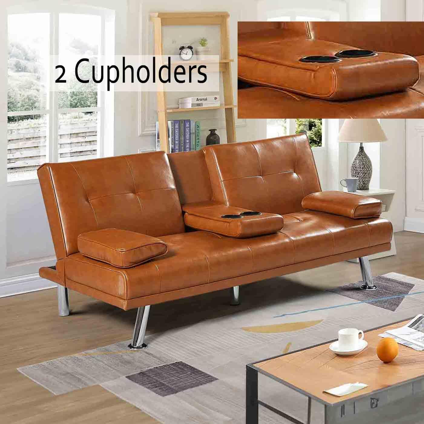 66” Modern Futon Sofa Bed with 2 Cupholders, Convertible Adjustable Upholstered Loveseat with Removable Armrests/Metal Legs, Memory Foam Living Seat for Compact Spaces/Office,Brown(Brown)