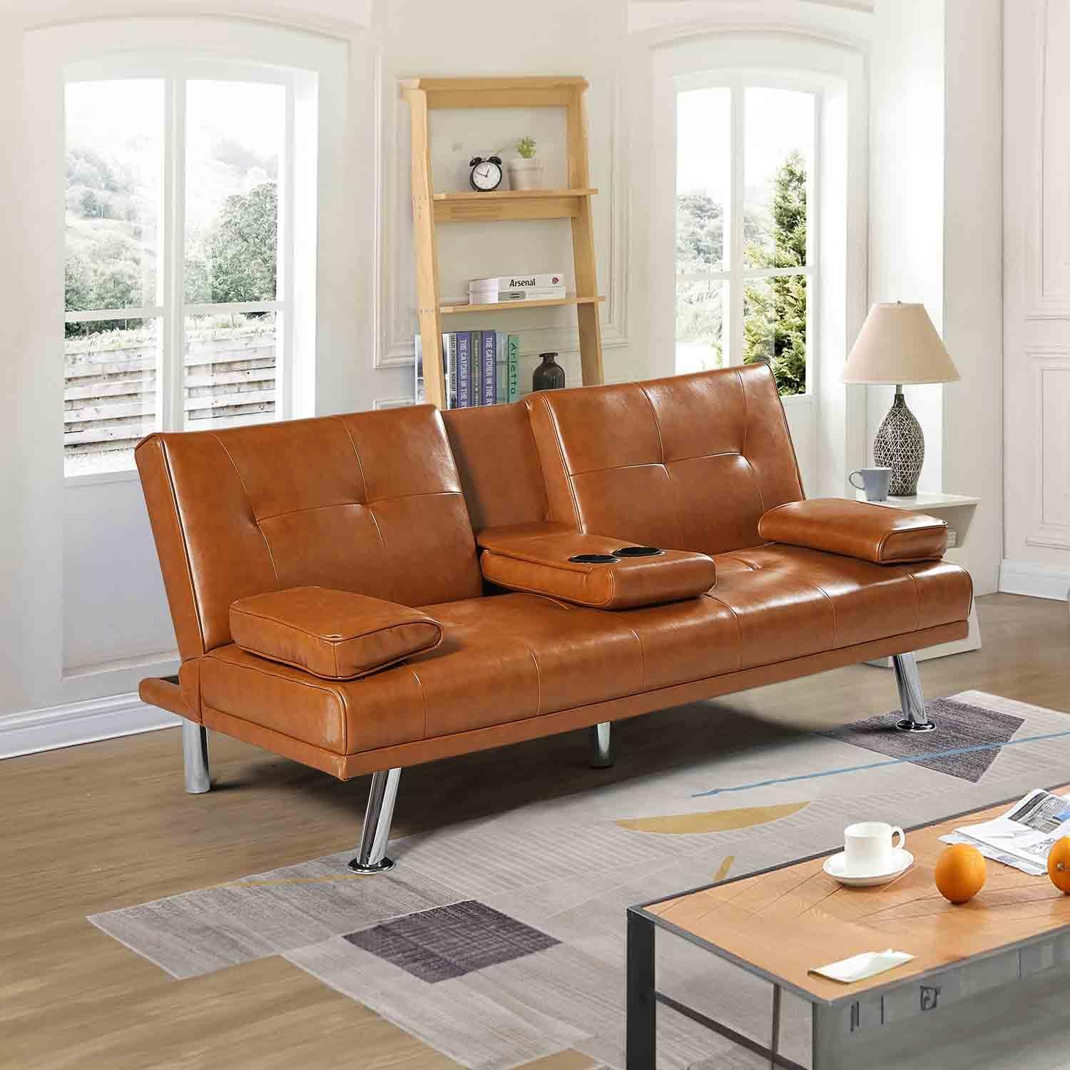 66” Modern Futon Sofa Bed with 2 Cupholders, Convertible Adjustable Upholstered Loveseat with Removable Armrests/Metal Legs, Memory Foam Living Seat for Compact Spaces/Office,Brown(Brown)