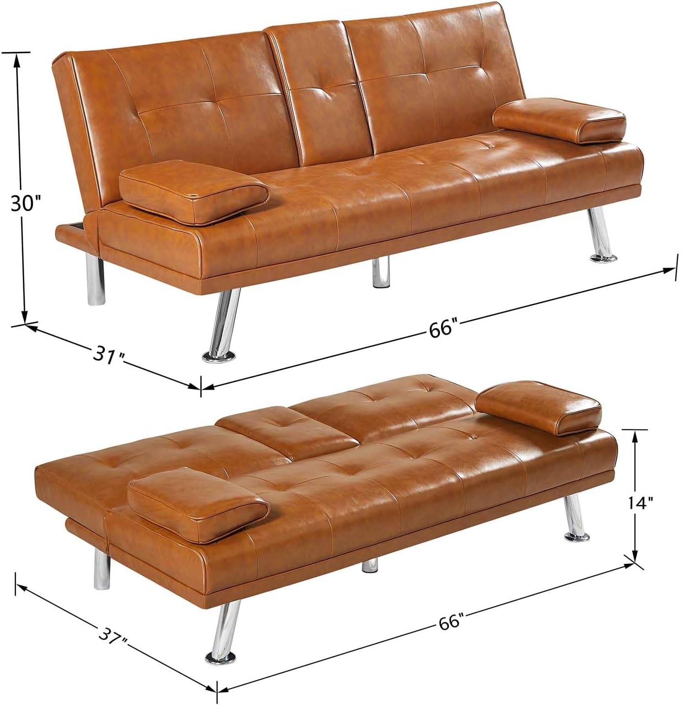 66” Modern Futon Sofa Bed with 2 Cupholders, Convertible Adjustable Upholstered Loveseat with Removable Armrests/Metal Legs, Memory Foam Living Seat for Compact Spaces/Office,Brown(Brown)