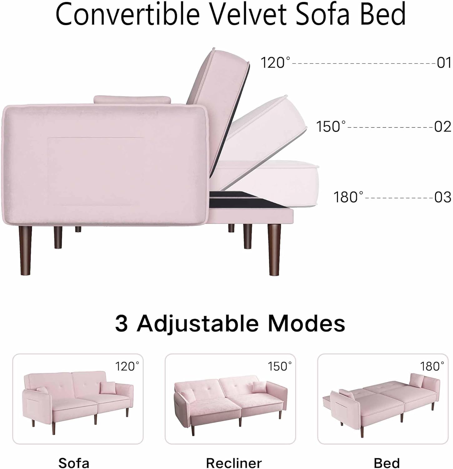 75”Loveseat Futon, Convertible Velvet Sofa Bed, Modern Sleeper Couch with Wood Legs, Folding Upholstered Recliner Sofa, Memory Foam Living Seat for Apartment/Office (Pink)(Pink)