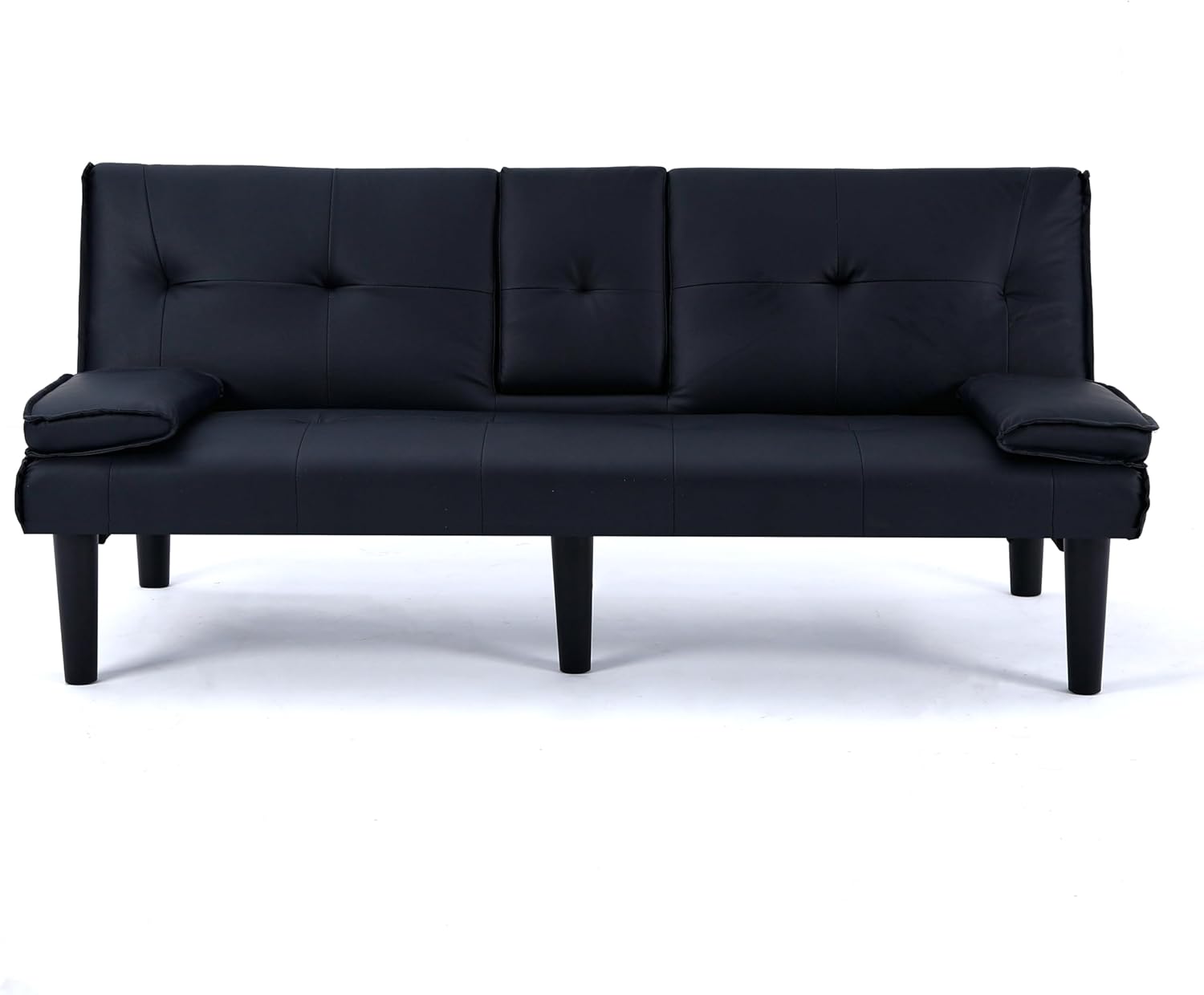 Futon Sofa Bed, Modern PU Leather Sleeper Couch, Convertible Couch Bed with Foldable and Cup Holder Design, Folding Recliner for Living Rooms, Apartments, Small Spaces, Easy to Clean (Black)(Black)