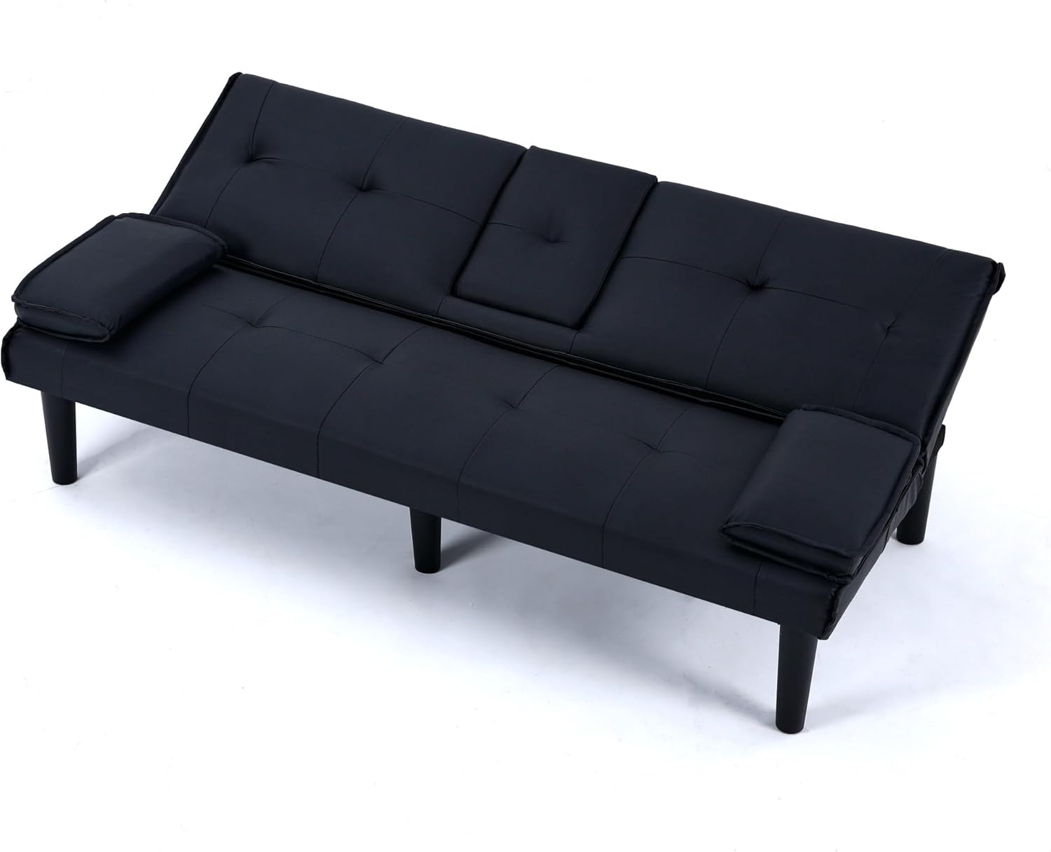 Modern Convertible Futon Sofa Bed, 3-Position Folding Couch with 2 Cup Holders & Detachable Armrests, PU Leather Multi-Functional Sleeper for Living Space, Workspace, Dormitory (Black)(Black)