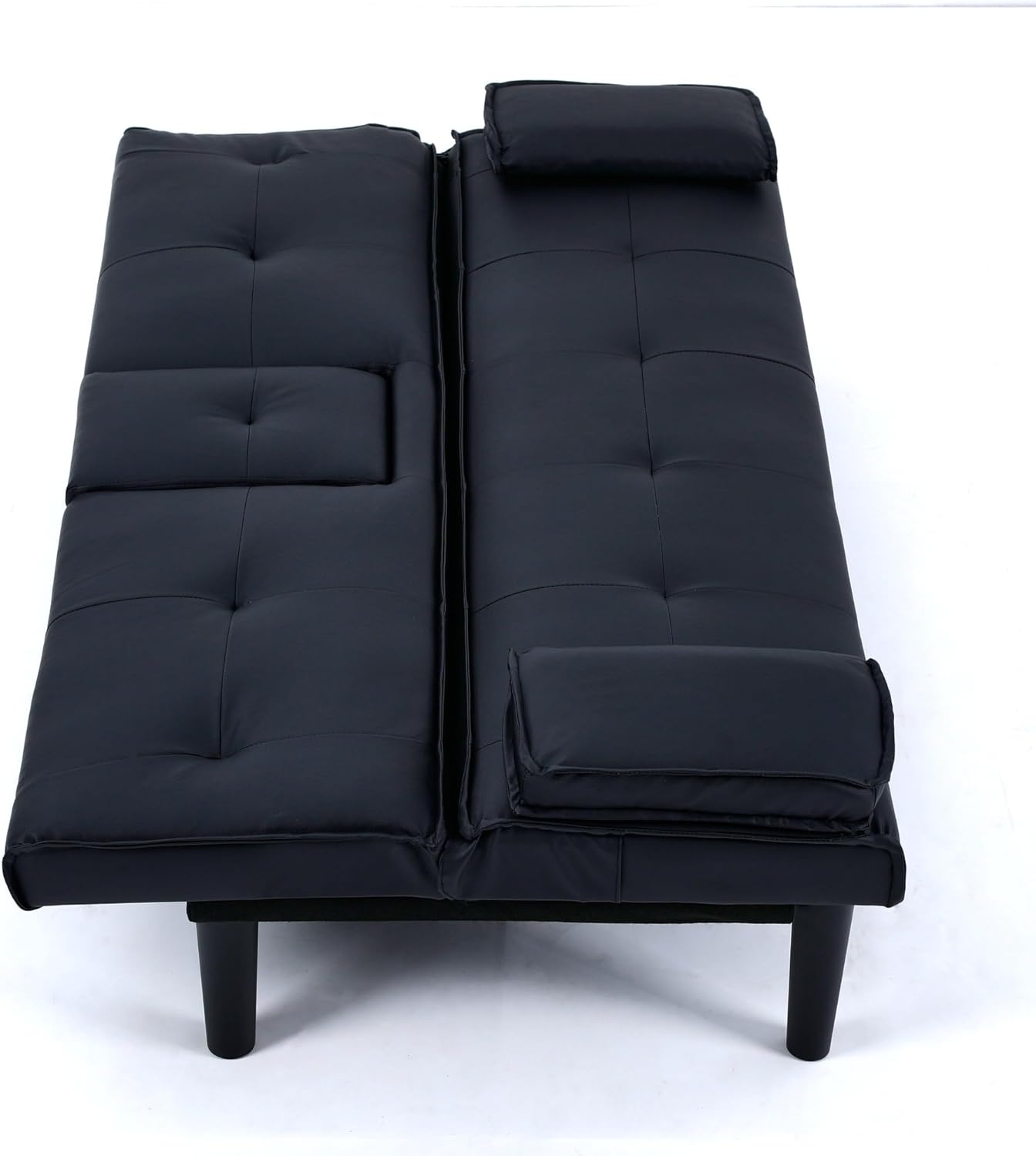 Modern Convertible Futon Sofa Bed, 3-Position Folding Couch with 2 Cup Holders & Detachable Armrests, PU Leather Multi-Functional Sleeper for Living Space, Workspace, Dormitory (Black)(Black)