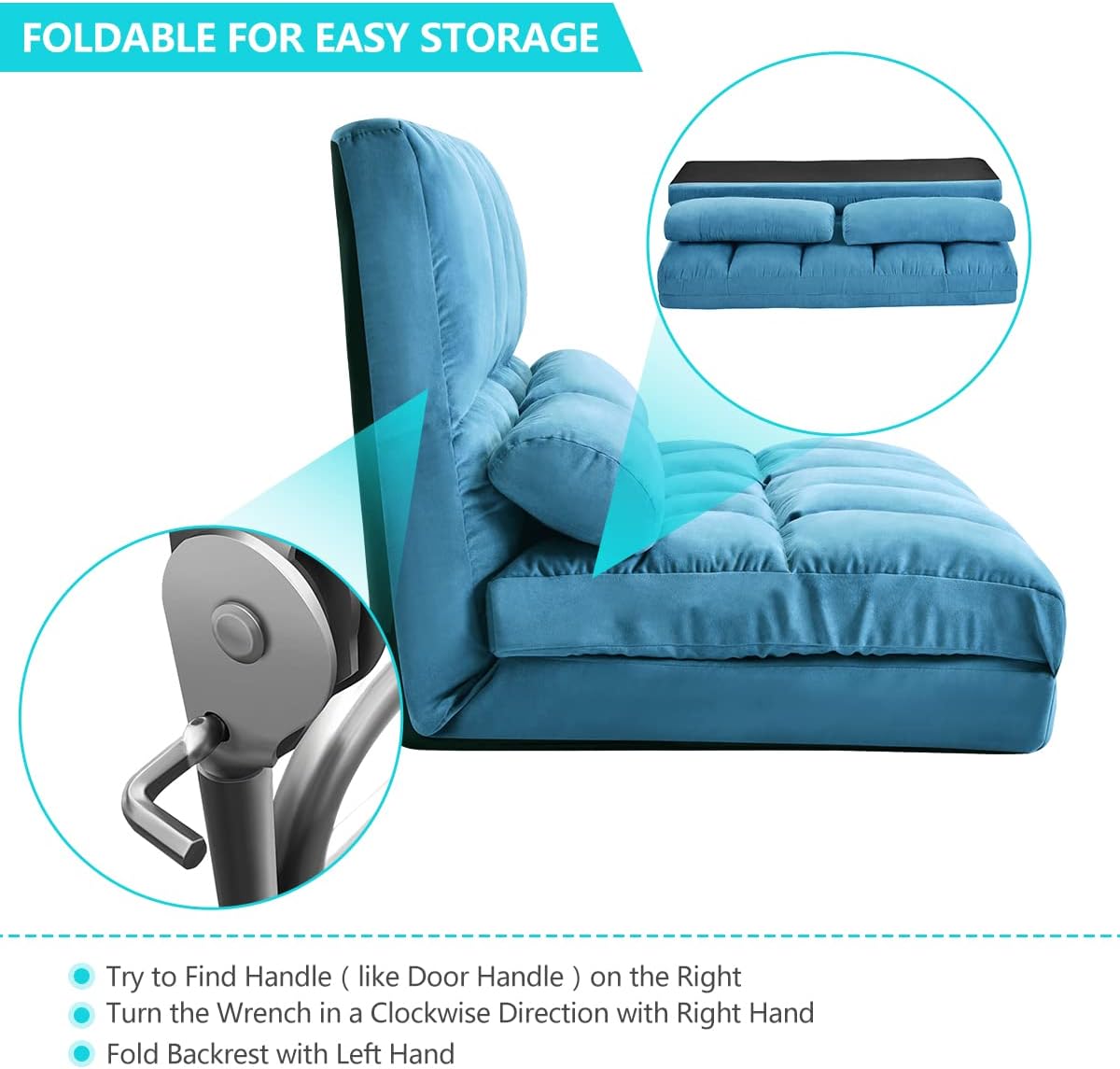 Adjustable Floor Sofa, Foldable Lazy Sofa Sleeper Bed 6-Position Adjustable, Convertible Floor Sofa Chair, Floor Gaming Sofa Couch with 2 Pillows for Bedroom/Living Room/Balcony (Brown)(Blue)