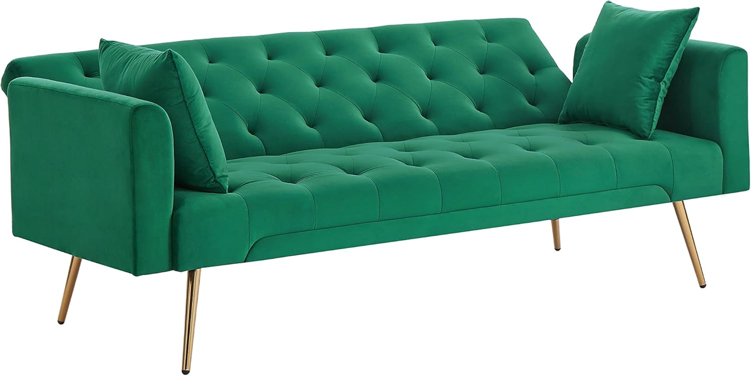 72" Velvet Futon Sofa Bed,Convertible Folding Sleeper Couch Bed,Modern Tufted Recliner Loveseat with Golden Chrome Legs for Small Living Spaces,Bedroom Dorms Office (Green+Pillows)