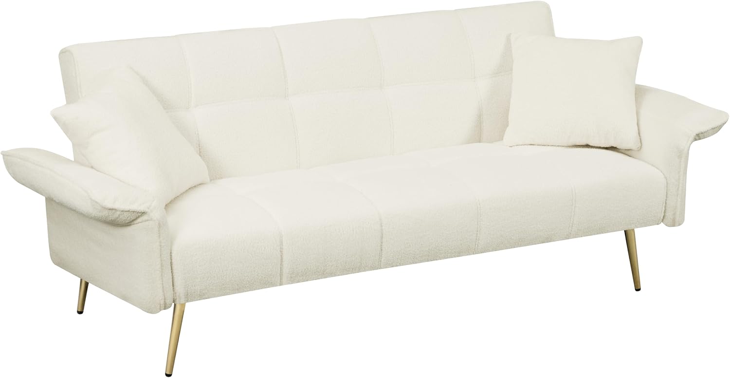 Futon Sofa Bed, 70 inch Convertible Velvet Futon Couch with Folding Armrests, Modern Sleeper Sofa Adjustable Backrest for Small Spaces, Living Room, Office (Beige)(Beige)