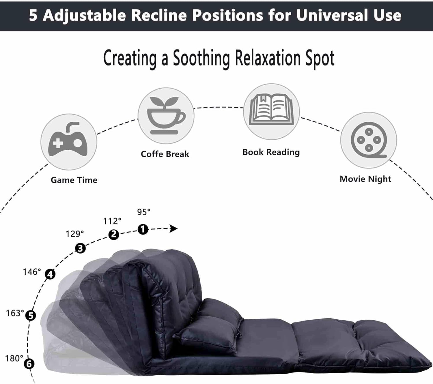 Lazy Sofa with 2 Pillows, Floor Sofa Bed with Adjustable Backrest, Folding Futon Sofa for Reading Gaming Small Spaces Apartment Balcony, Leisure Chaise Lounge Couch Bed (Blue)(Black)