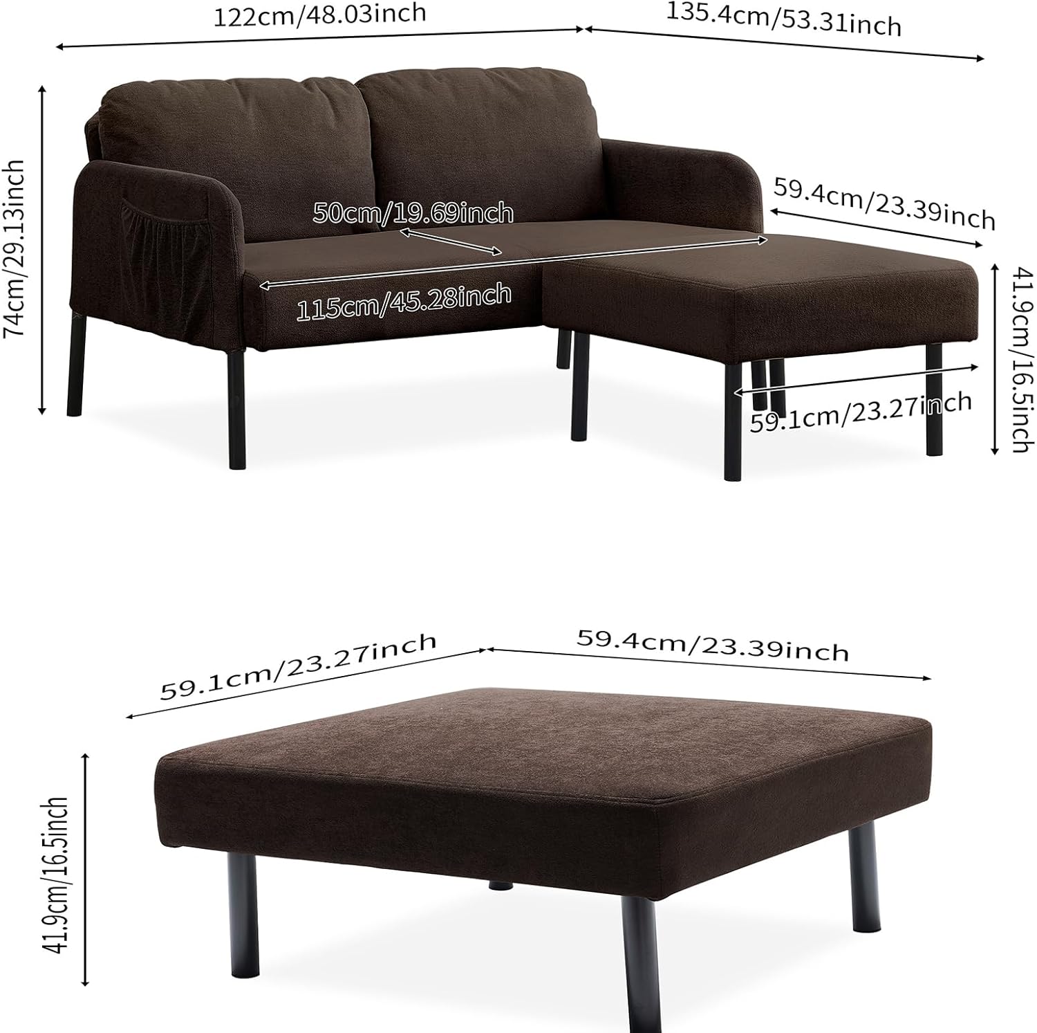 Polyester Fabric L Shaped Couch with Storage, Modern Futon Sofa Bed with Ottoman for Living Room, Small Place, Bedroom