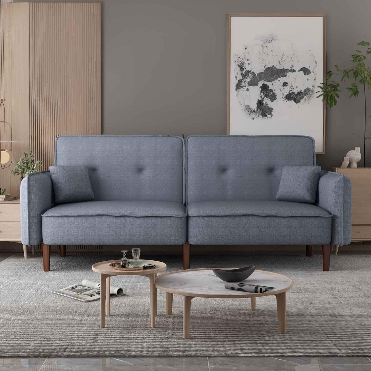 75” Futon Sofa Bed, Modern Sleeper Couch with Wood Legs/Magazine Bag, Folding Upholstered Recliner Sofa, Memory Foam Living Seat for Apartment/Office/Studio, Grey
