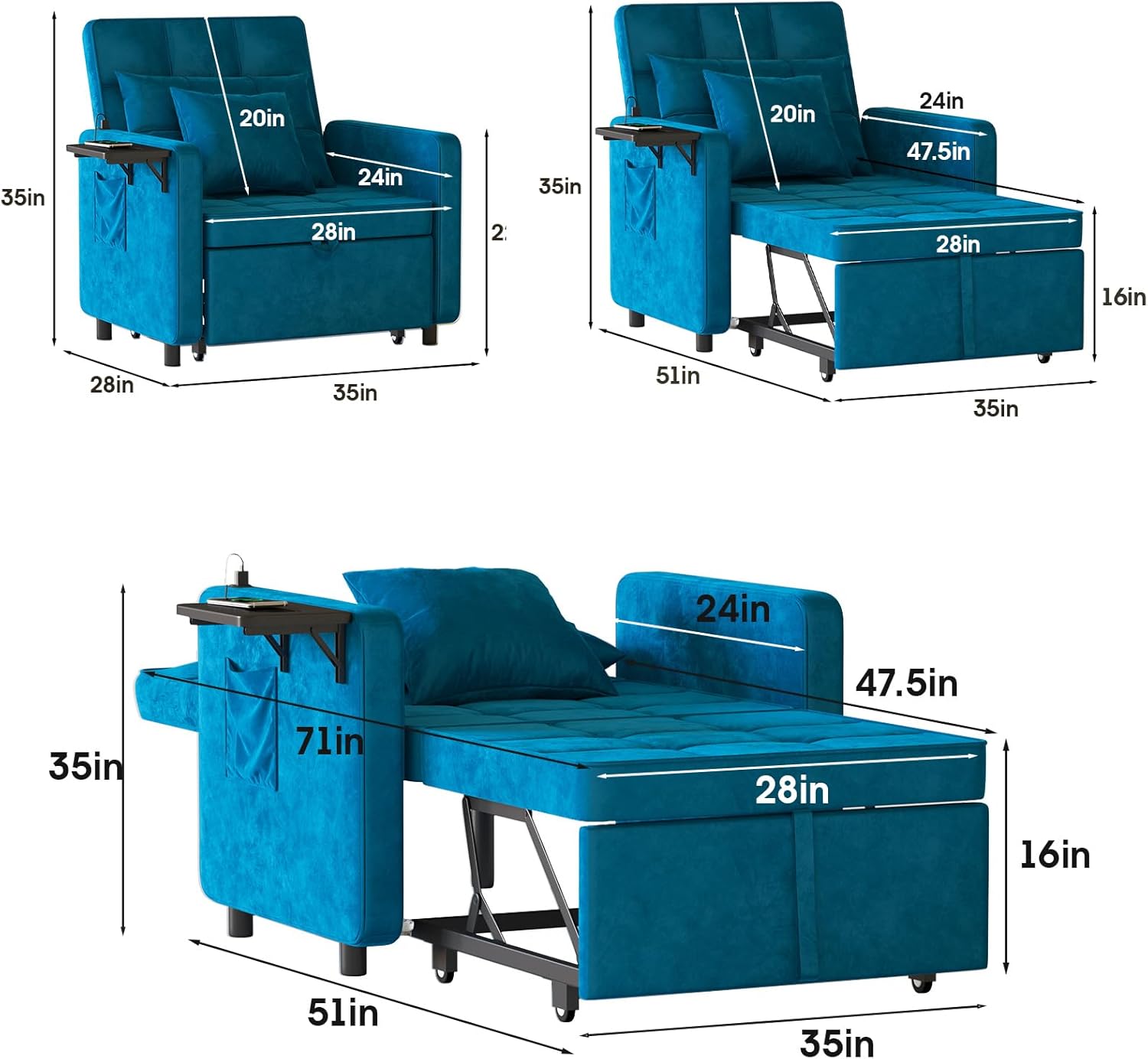 Vabches 3-in-1 Sofa Bed with Wing Table and USB Ports, Velvet Sleeper Chair with Adjustable Backrest, Easy Assembly, Blue(velvet,Blue)