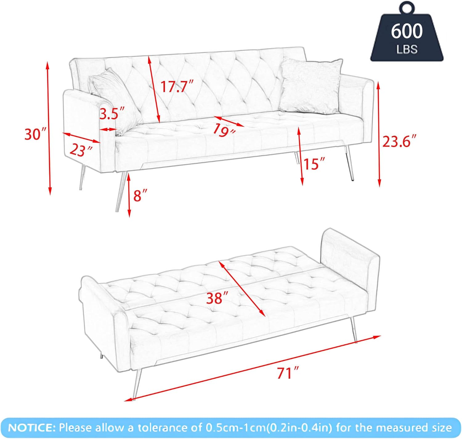 71" Velvet Convertible Folding Sofa Bed for Living Room,Futon Sleeper Sofa Couch with Adjustable Backrest & Removable Armrest for Small Space,Modern Loveseat Couch with Metal Legs (Blue)(Blue)