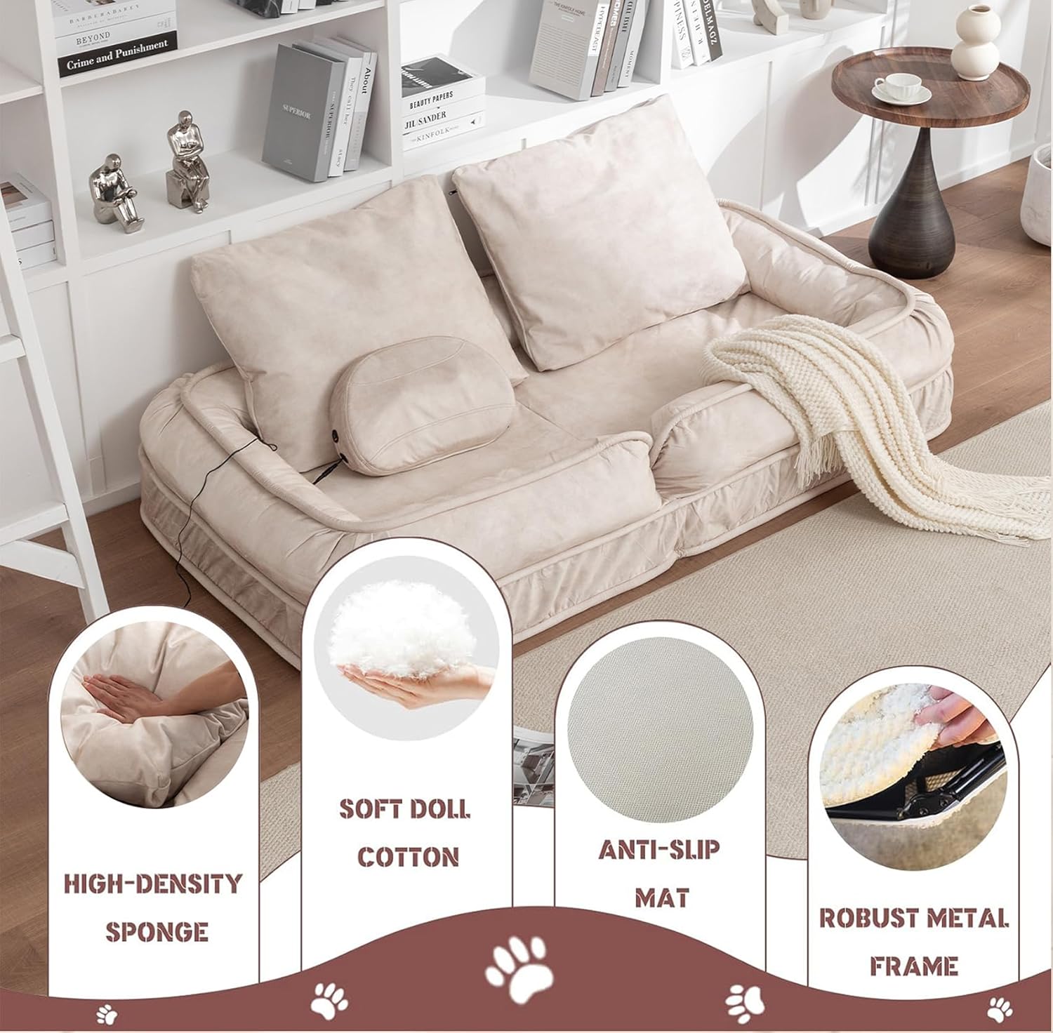 Upholstered Human Dog Bed, Bean Bag Floor Sofa with Massage Pillow and 2 Soft Pillows, Sleeper Sofa with 5 Position Adjustable Backrest, Cloud Couch for Living Room, Bedroom, Adults, Pets