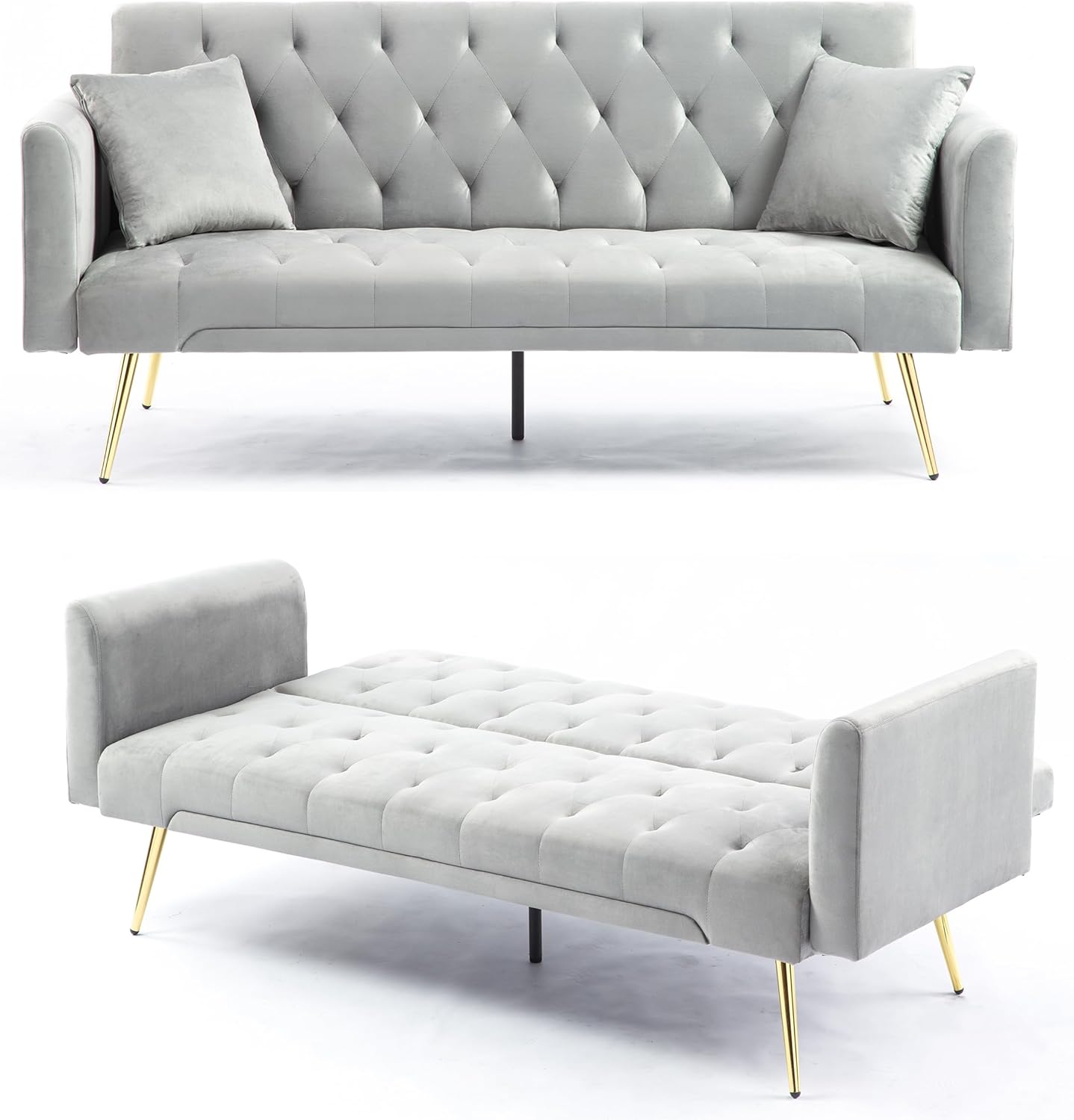 72" Velvet Futon Sofa Bed,Convertible Folding Sleeper Couch Bed,Modern Tufted Recliner Loveseat with Golden Chrome Legs for Small Living Spaces,Bedroom Dorms Office (Grey+Pillows)