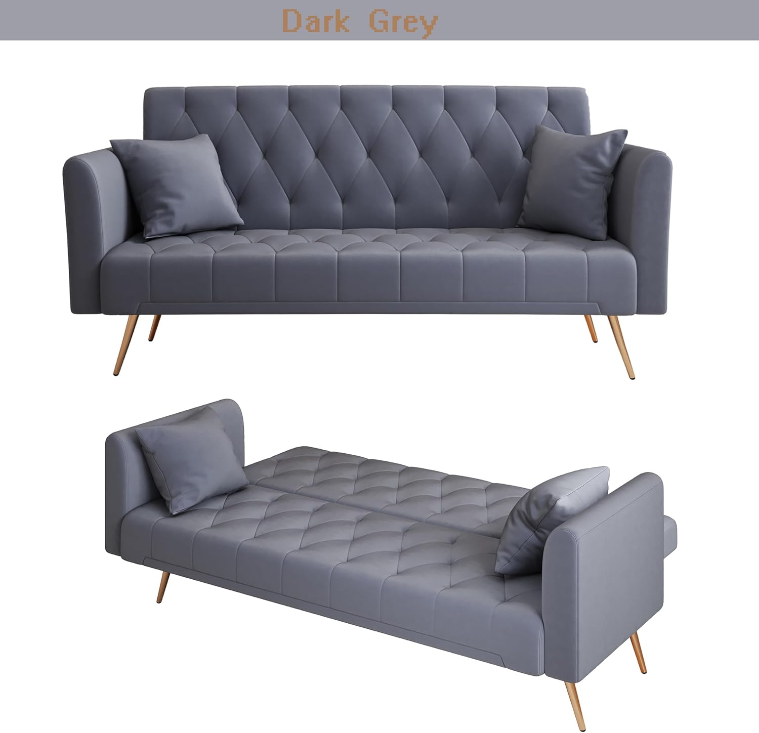 Modern Velvet Sofa Bed Futon with 2 Pillows,2-in 1 Convertible Sleeper Couch Bed,Folding Recliner Loveseat with Golden Metal Legs for Living Room Apartment Office (Pink)(Dark Grey)