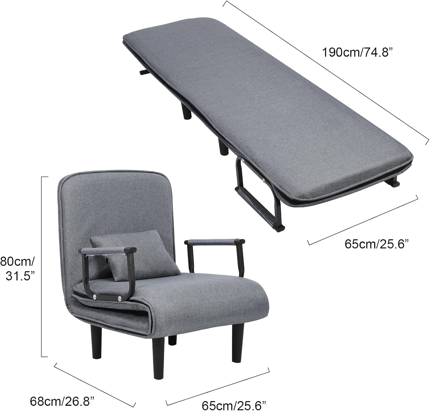 3 in 1 Sofa Chair Bed, Convertible Chair Bed Sofa Bed with Adjustable Backrest, Folding Bed, Zipper Closure Cover Armchair Bed, Accent Chair for Living Apartment,Bedroom,Office Grey 65 cm