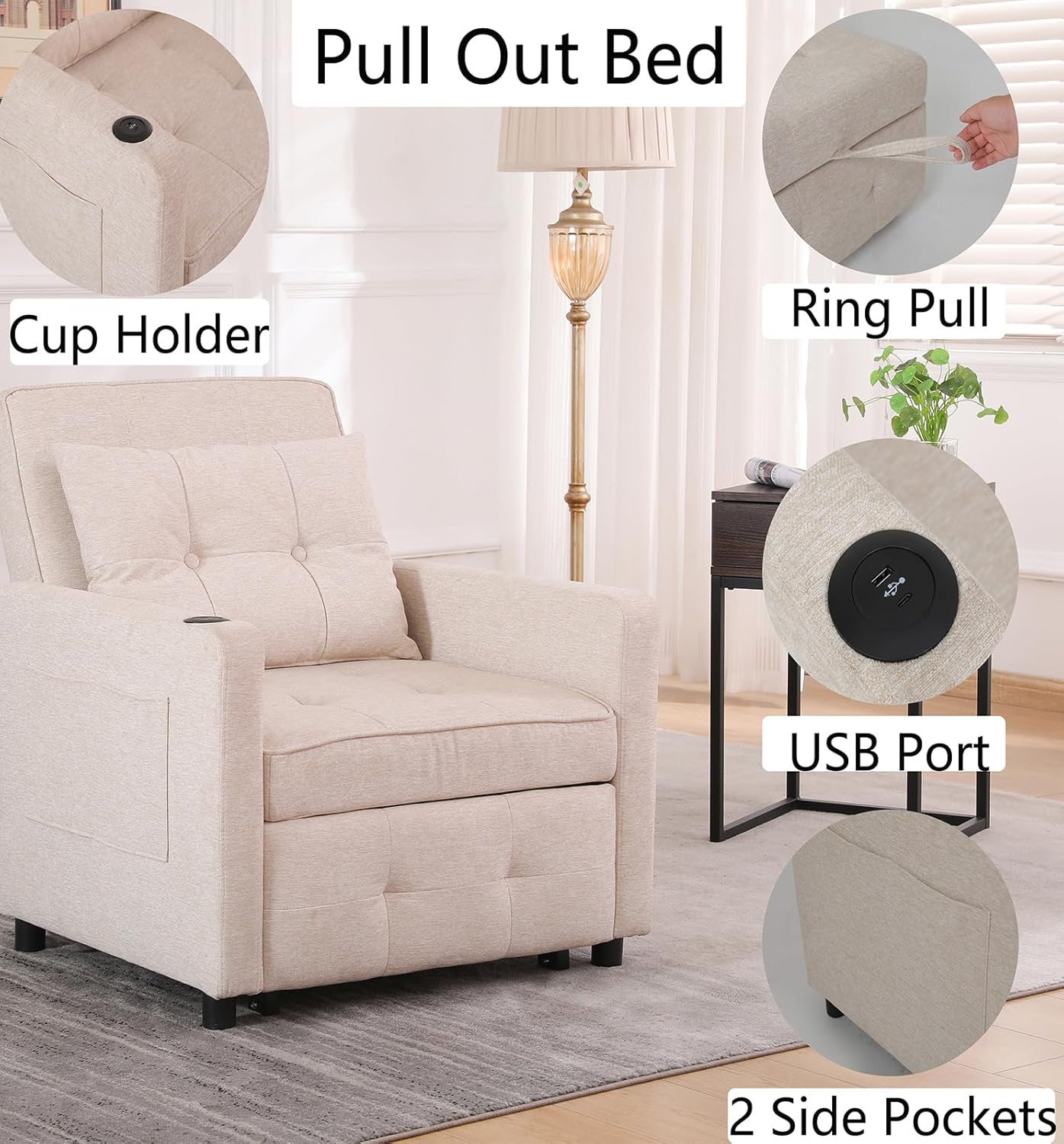 3 in 1 Pull Out Linen Single Sofa Bed with Adjustable Backrest and USB Port, Convertible Sleeper Chair with Side Pocket and Cup Holder for Adults, Teens, Bedrooms