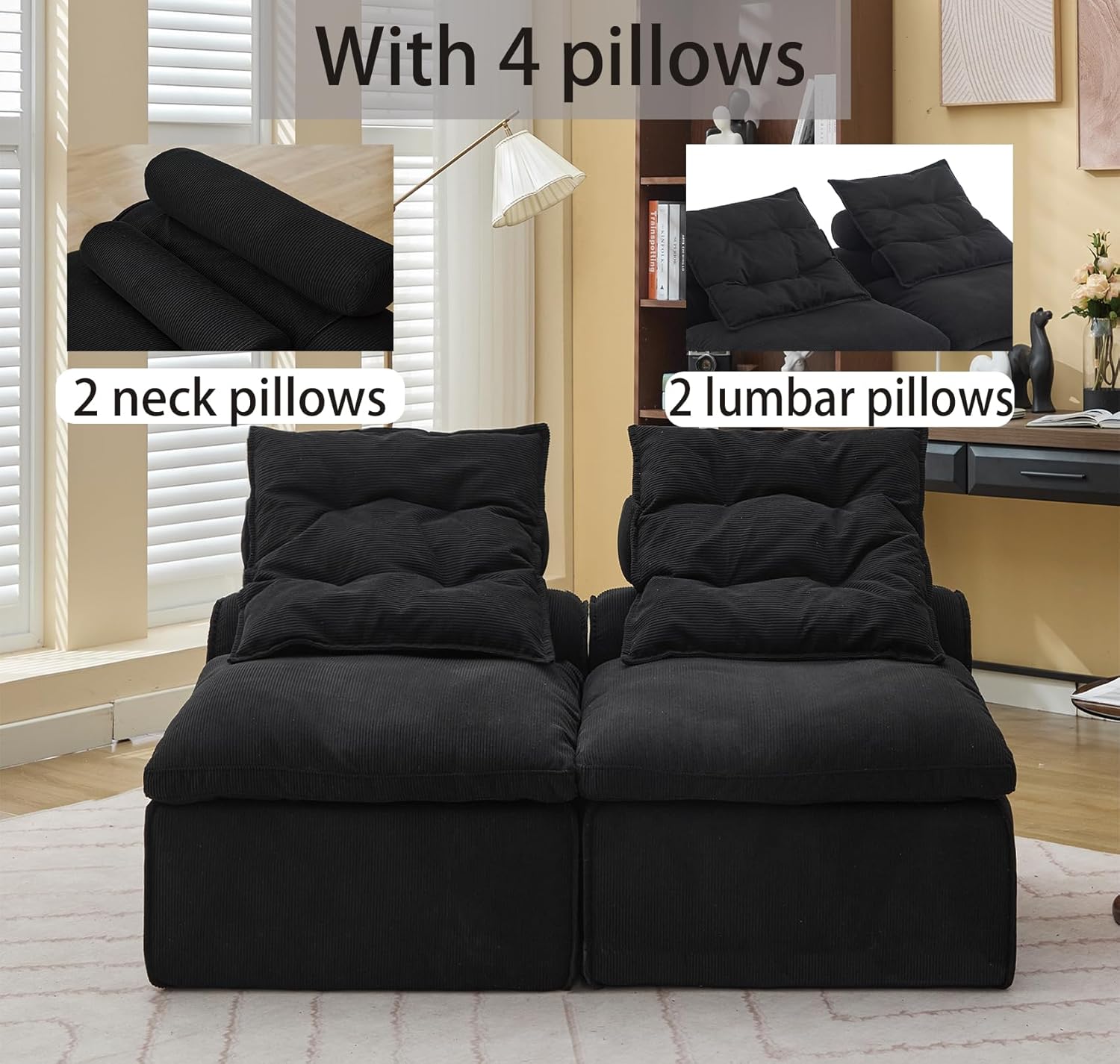 89" Sleeper Chair, Convertible Chair Bed with 4 Pillows, Modular Folding Sofa Bed with Corduroy Fabric,Single Sofa Bed for Bedroom,Living Room,Office,DIY Design,Aimless,No Installation