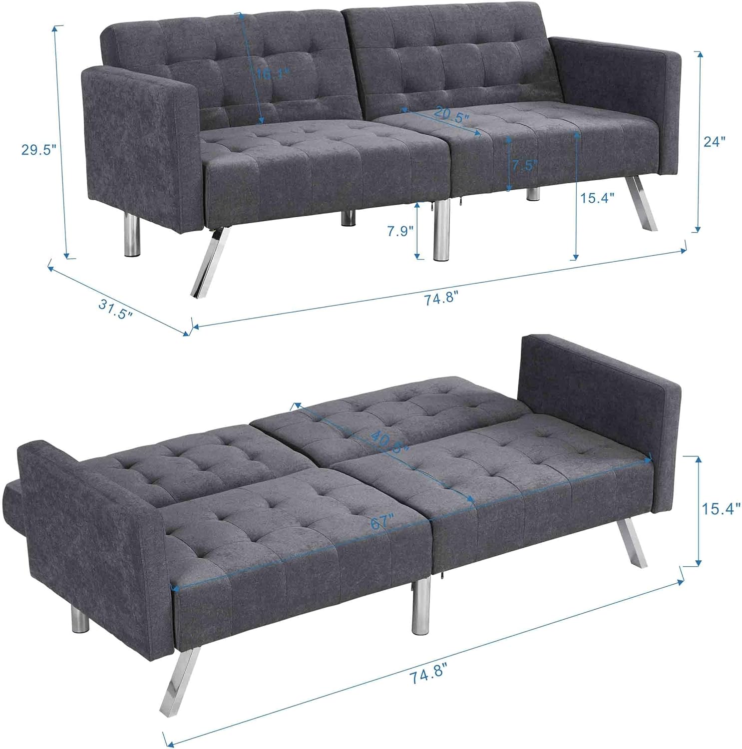 75” Modern Futon Sofa Bed, Convertible Sleeper Couch with Metal Legs/Armrests/Pillows, Folding Upholstered Loveseat, Lounge Sofa, Memory Foam Living Seat for Small Space/Office (Light Grey)(Dark Gray)
