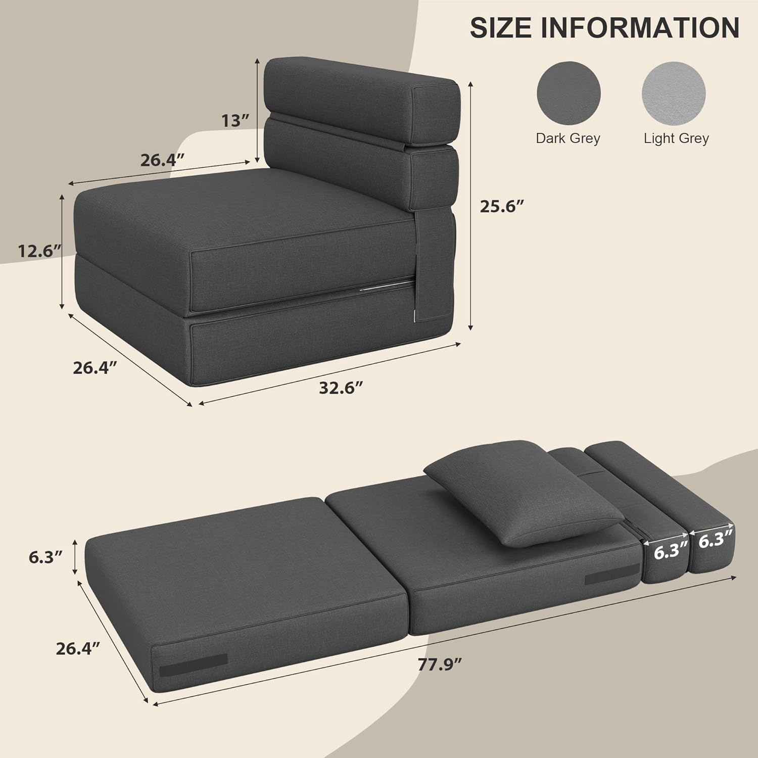Folding Sofa Bed - Convertible Sleeper Chair with Upgraded Pillow, Modern Comfortable Sleeper Couch Linen Fabric, Foldable Memory Foam Sleepers Comfy Floor Sofa for Living Room Bedroom, Single