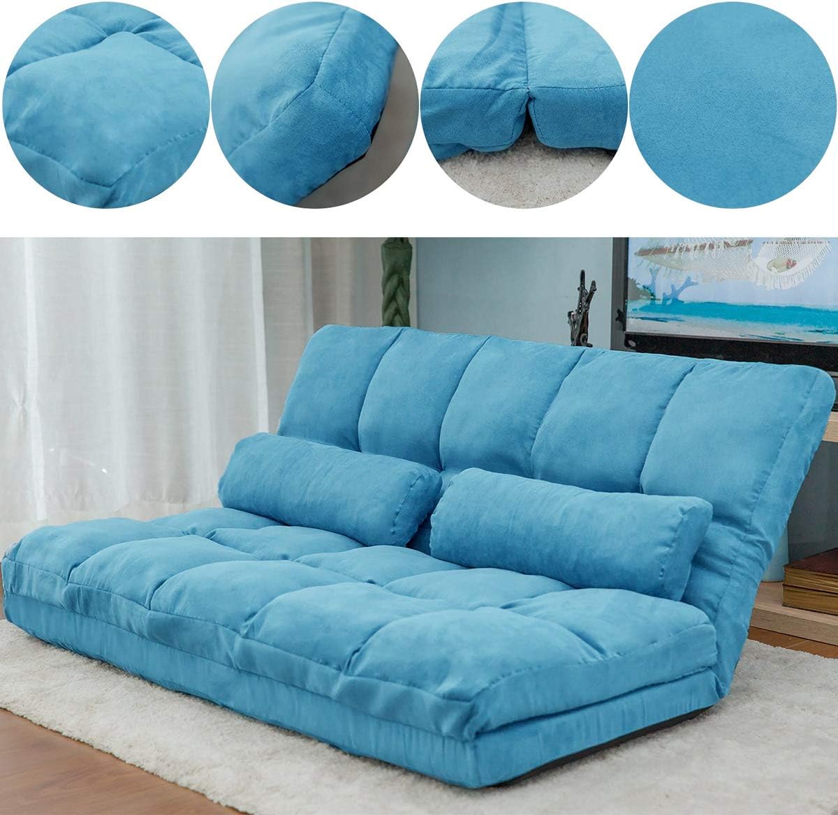 Adjustable Floor Sofa, Foldable Lazy Sofa Sleeper Bed 6-Position Adjustable, Convertible Floor Sofa Chair, Floor Gaming Sofa Couch with 2 Pillows for Bedroom/Living Room/Balcony (Brown)(Blue)