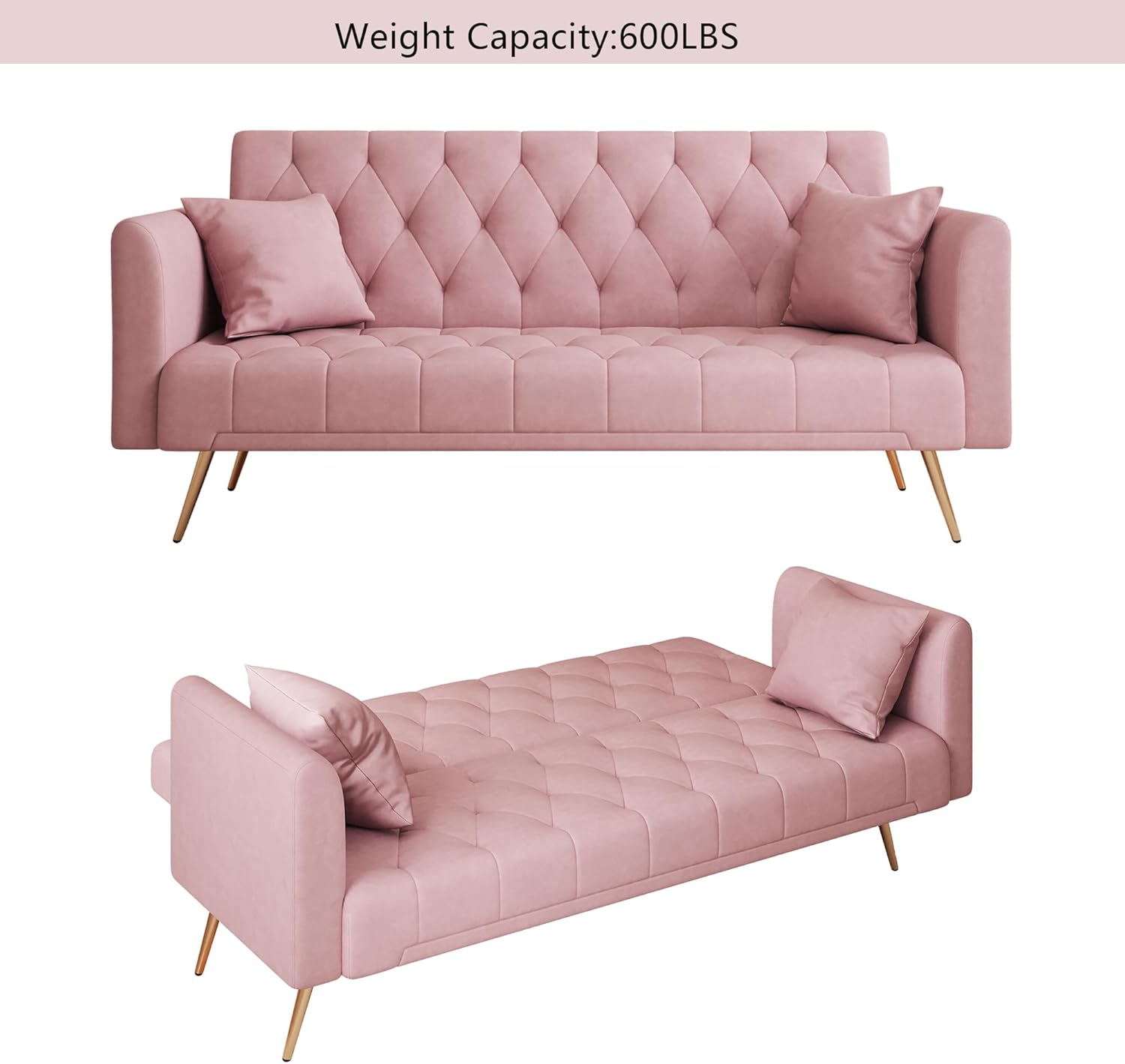 72" Velvet Futon Sofa Bed,Convertible Folding Sleeper Couch Bed,Modern Tufted Recliner Loveseat with Golden Chrome Legs for Small Living Spaces,Bedroom Dorms Office (Light Pink)