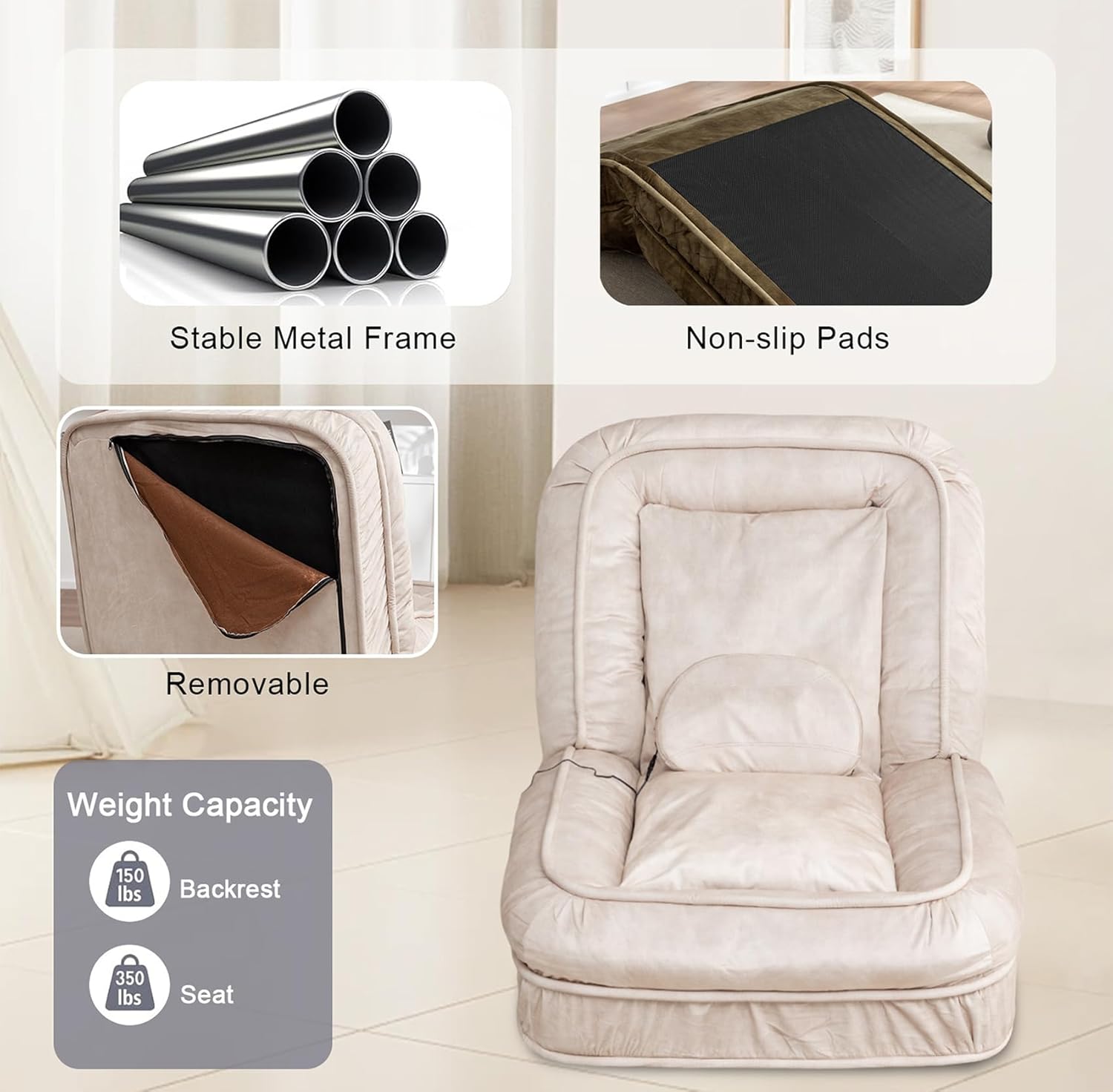 Upholstered Human Dog Bed, Bean Bag Floor Sofa with Massage Pillow and 2 Soft Pillows, Sleeper Sofa with 5 Position Adjustable Backrest, Cloud Couch for Living Room, Bedroom, Adults, Pets