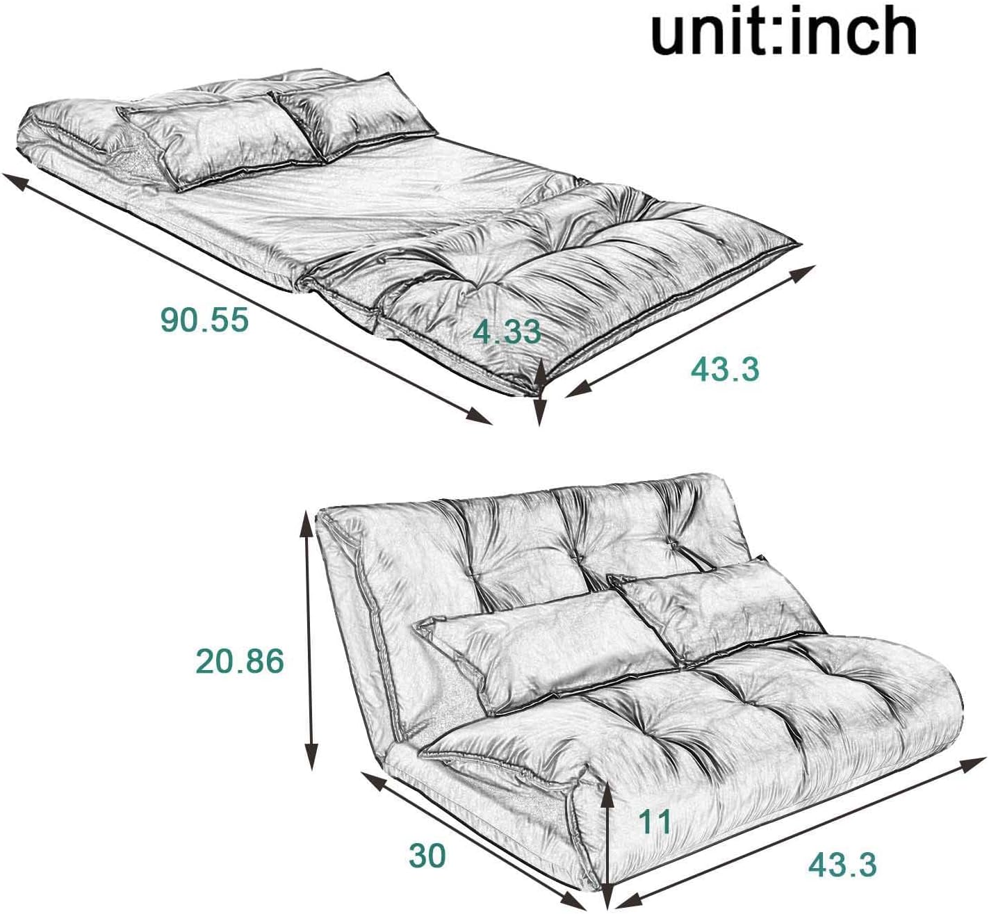 Lazy Sofa with 2 Pillows, Floor Sofa Bed with Adjustable Backrest, Folding Futon Sofa for Reading Gaming Small Spaces Apartment Balcony, Leisure Chaise Lounge Couch Bed (Blue)(Black)