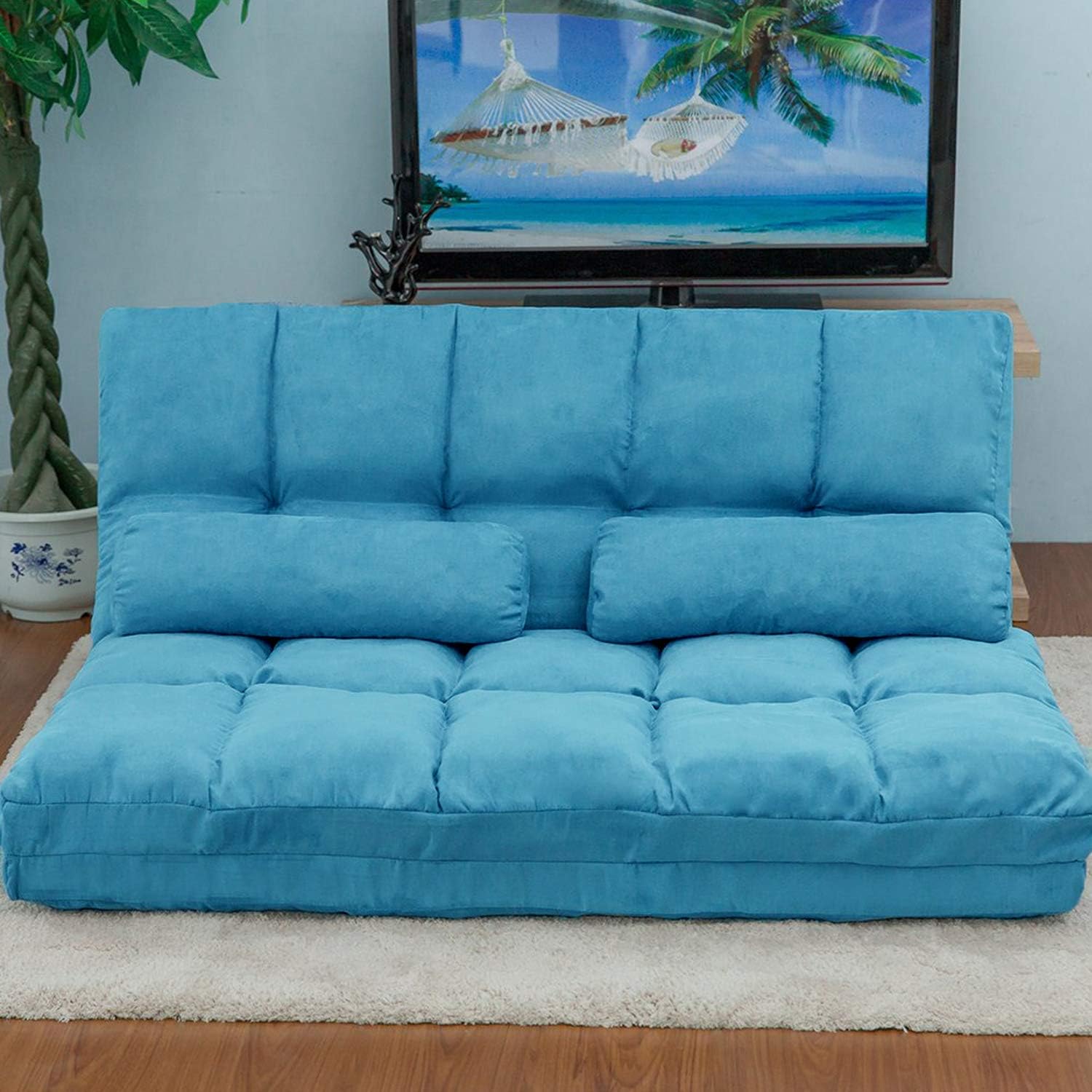 Adjustable Floor Sofa, Foldable Lazy Sofa Sleeper Bed 6-Position Adjustable, Convertible Floor Sofa Chair, Floor Gaming Sofa Couch with 2 Pillows for Bedroom/Living Room/Balcony (Brown)(Blue)
