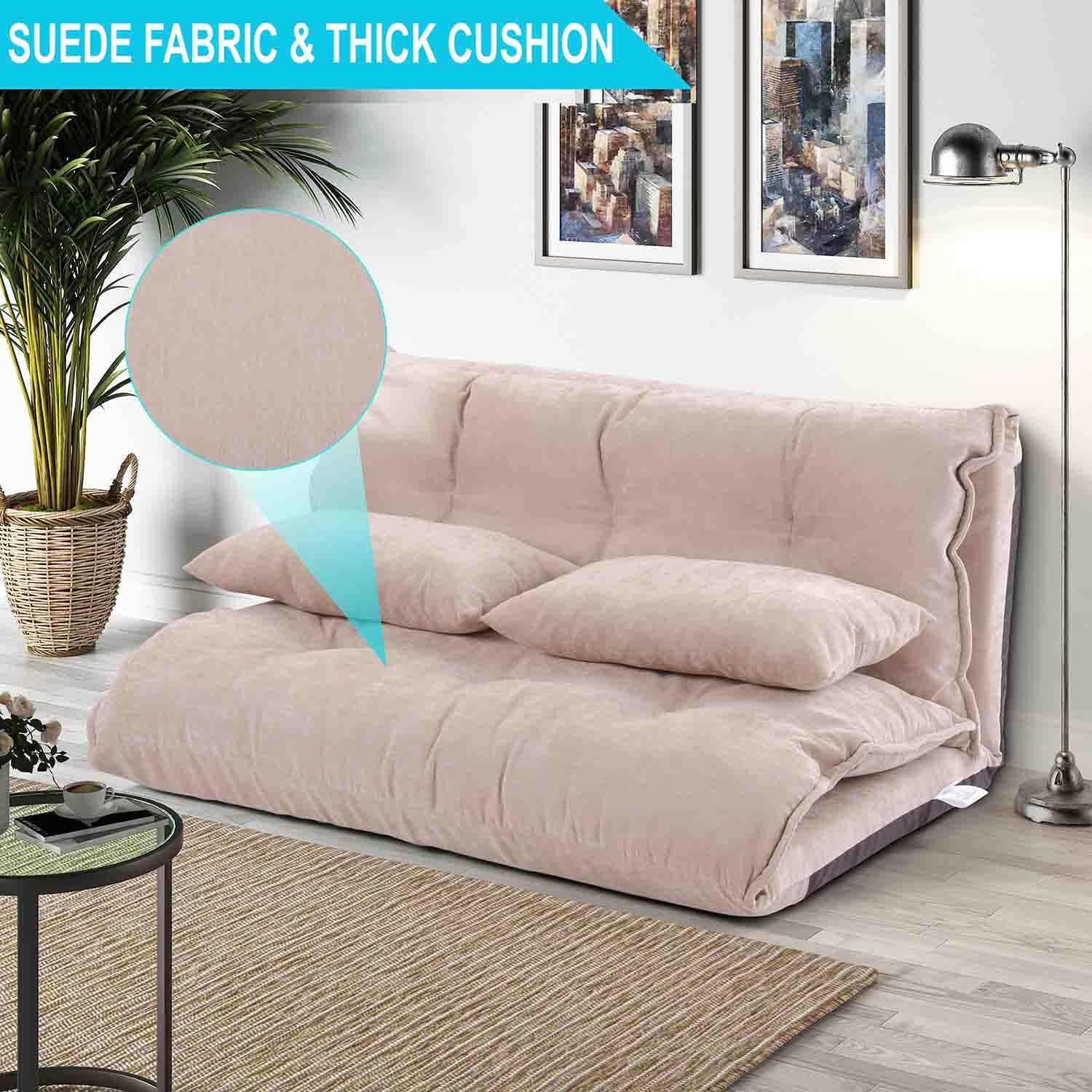 Floor Sofa Bed with 2 Pillows, Adjustable Lazy Sofa, Folding Futon Couch, Video Gaming Sofa for Bedroom/Living Room/Balcony, Lounge Couch Bed, 5 Reclining Position (Red)(Beige)