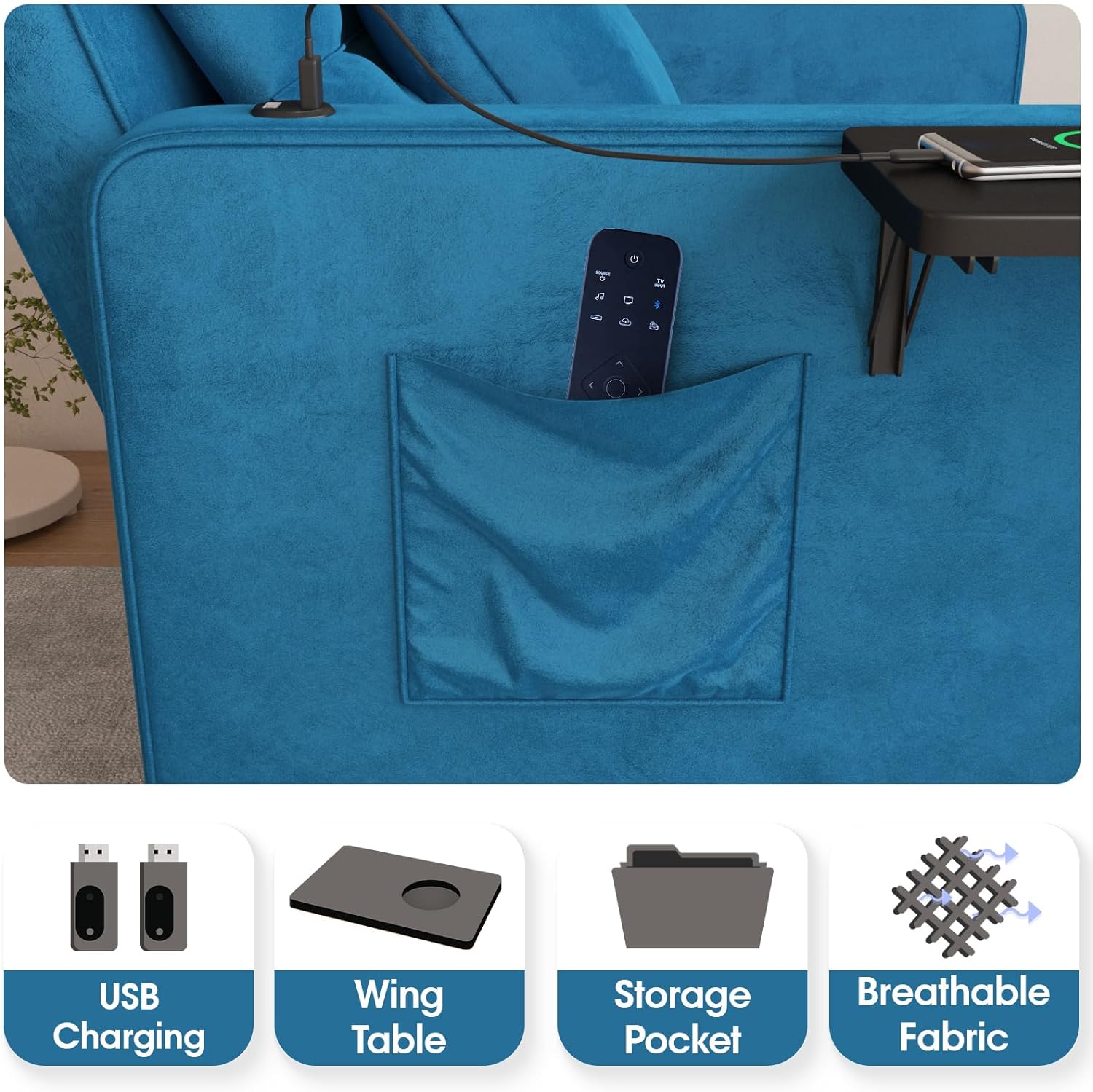 Vabches 3-in-1 Sofa Bed with Wing Table and USB Ports, Velvet Sleeper Chair with Adjustable Backrest, Easy Assembly, Blue(velvet,Blue)