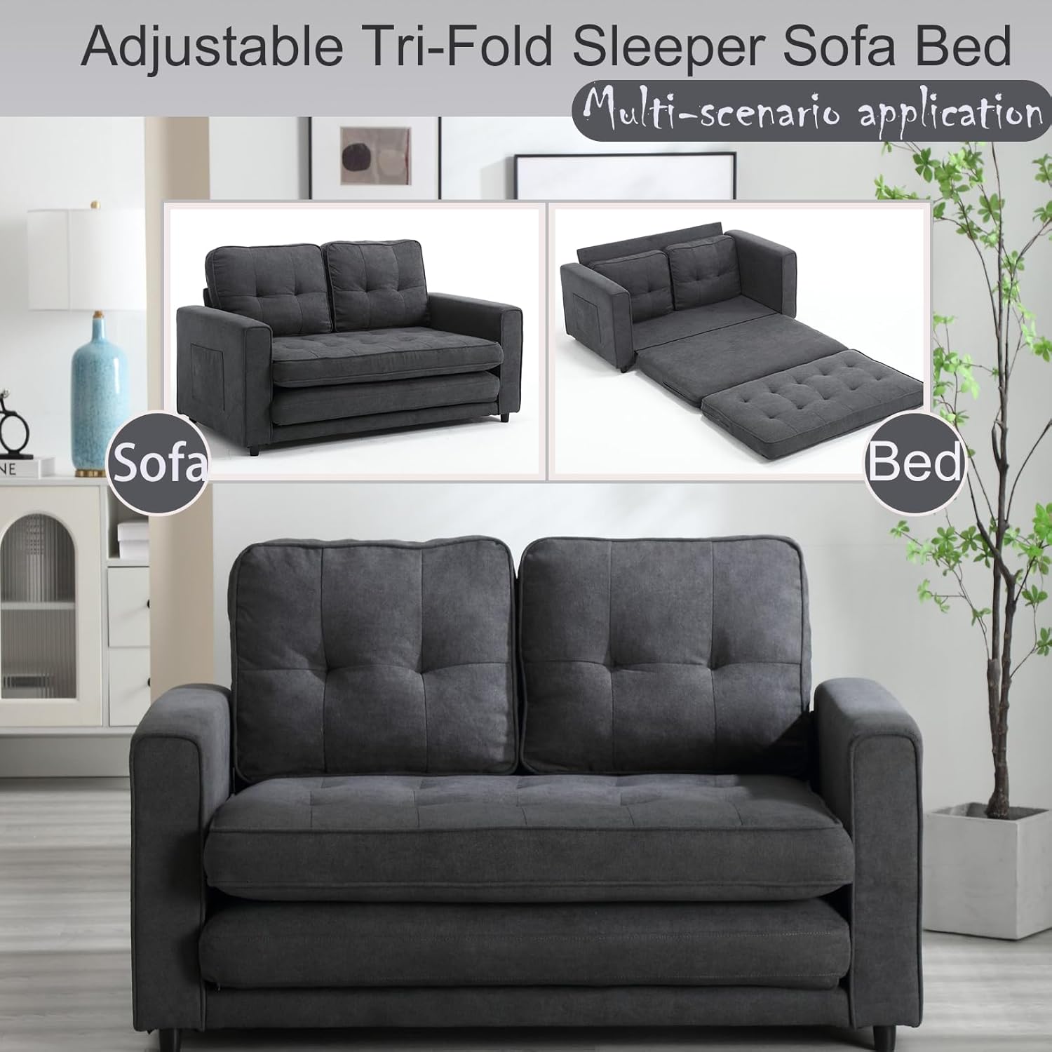 Tri-Folding Sofa Bed with Thickened Foam and Resilient Cotton, Queen-Size Pull-Out Couch with Side Pocket and Backrests for Guest Room, Small Room, Living Room, Velvety Fabrics