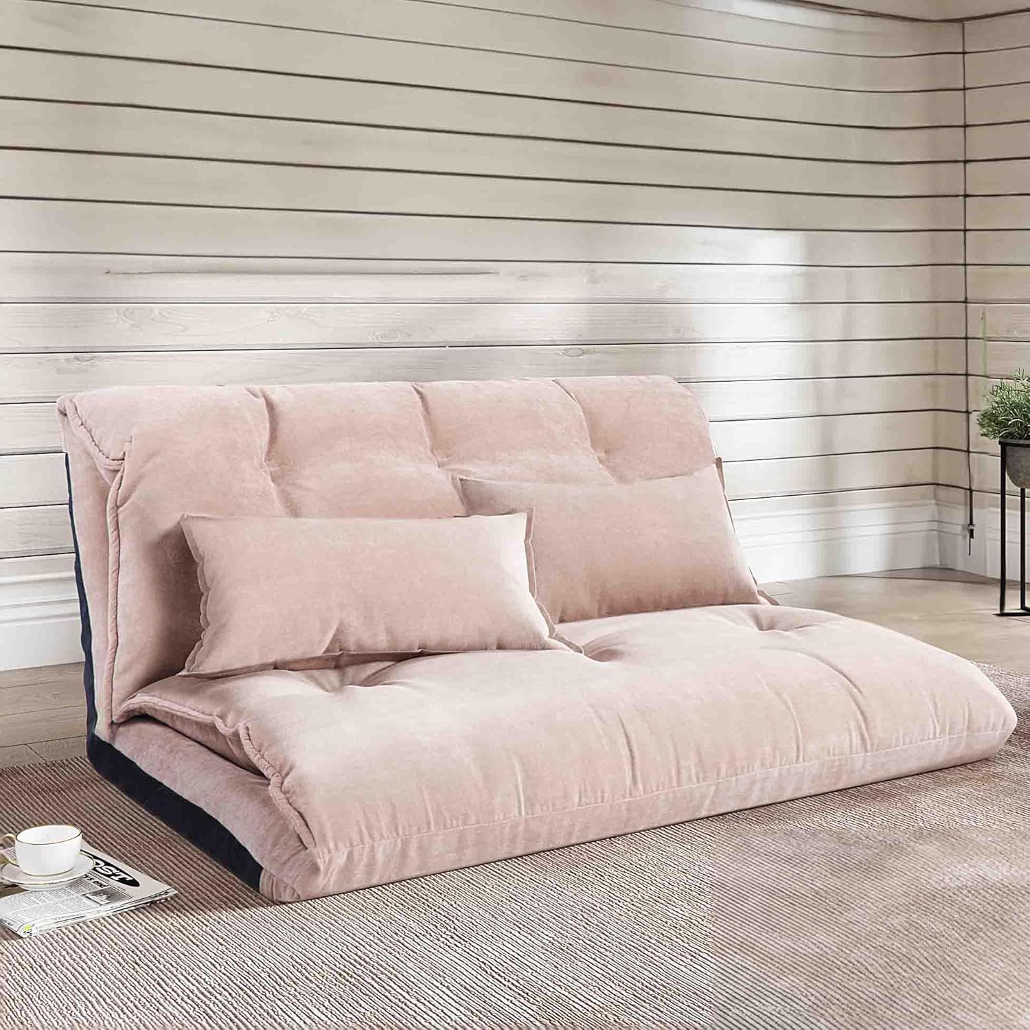 Floor Sofa Bed with 2 Pillows, Adjustable Lazy Sofa, Folding Futon Couch, Video Gaming Sofa for Bedroom/Living Room/Balcony, Lounge Couch Bed, 5 Reclining Position (Red)(Beige)