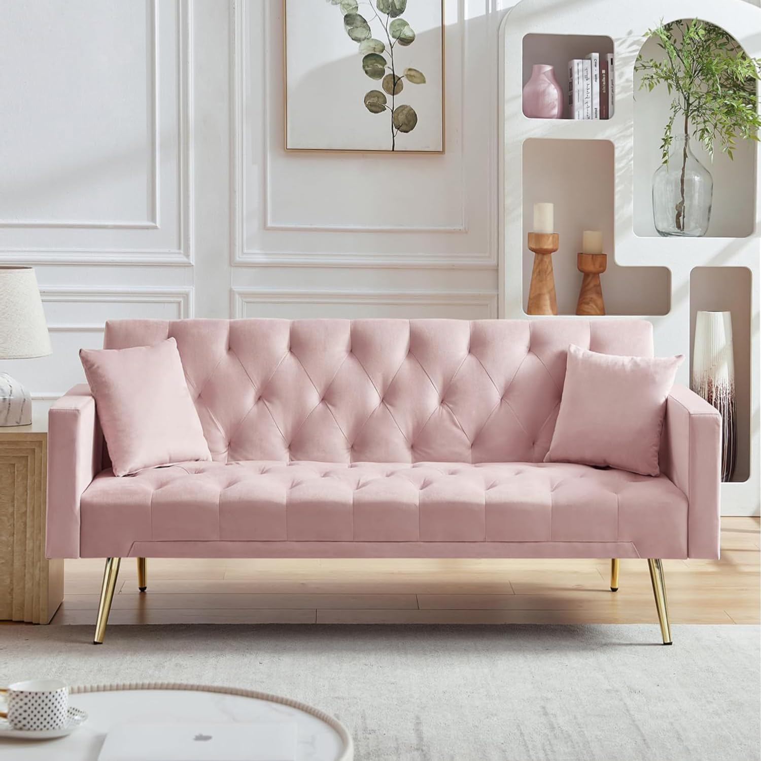 72" Velvet Futon Sofa Bed,Convertible Folding Sleeper Couch Bed,Modern Tufted Recliner Loveseat with Golden Chrome Legs for Small Living Spaces,Bedroom Dorms Office (Light Pink)