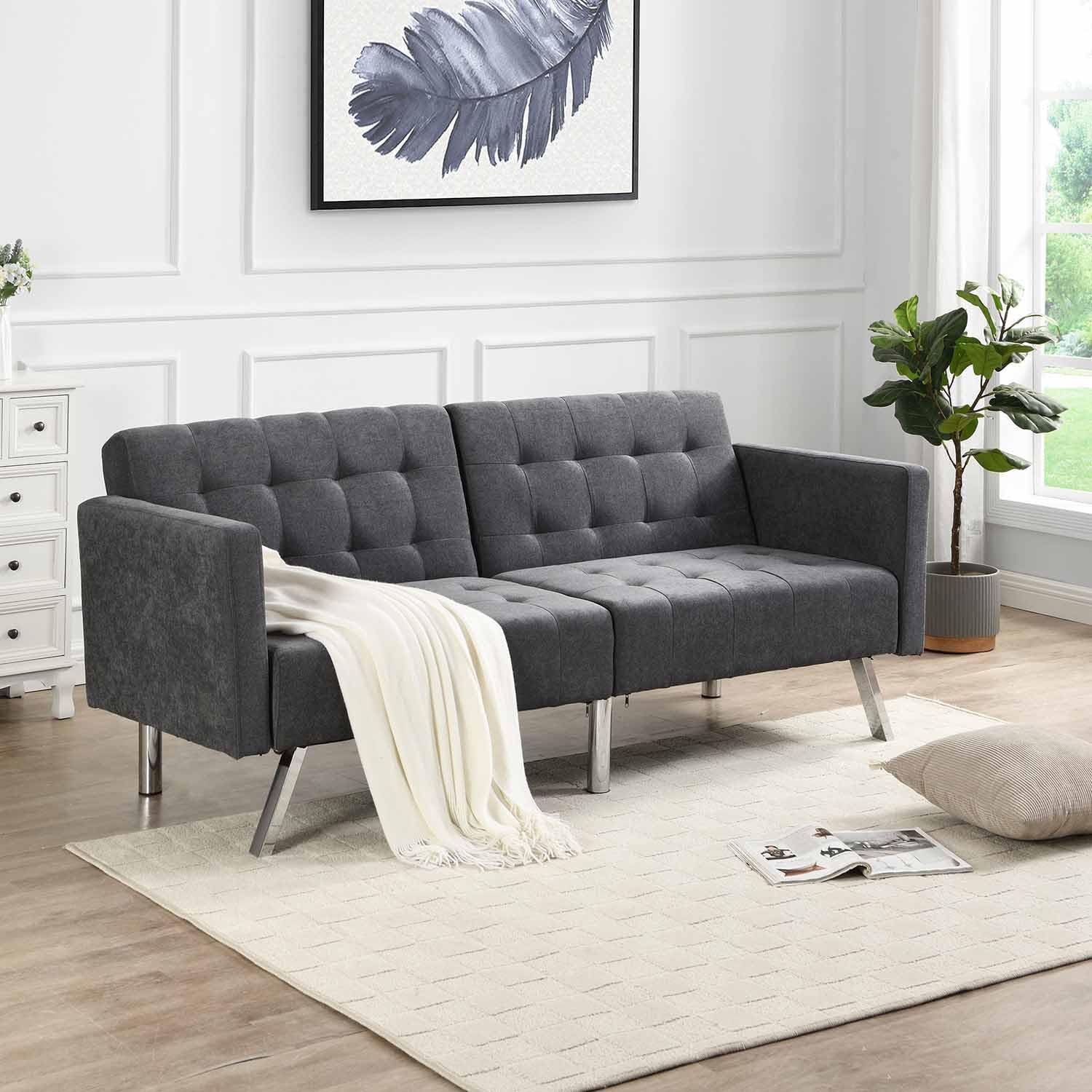 75” Modern Futon Sofa Bed, Convertible Sleeper Couch with Metal Legs/Armrests/Pillows, Folding Upholstered Loveseat, Lounge Sofa, Memory Foam Living Seat for Small Space/Office (Light Grey)(Dark Gray)