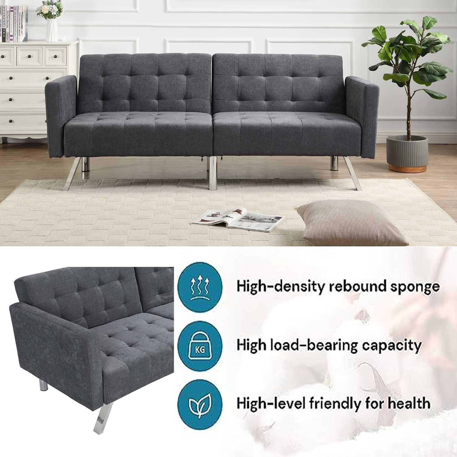 75” Modern Futon Sofa Bed, Convertible Sleeper Couch with Metal Legs/Armrests/Pillows, Folding Upholstered Loveseat, Lounge Sofa, Memory Foam Living Seat for Small Space/Office (Light Grey)(Dark Gray)