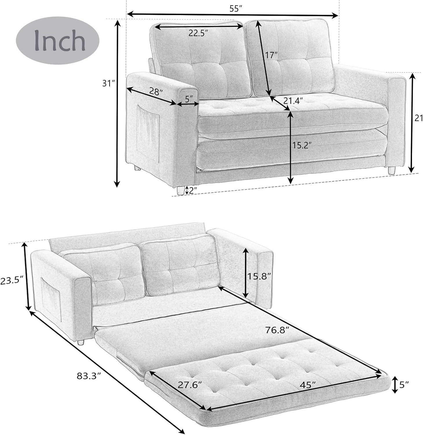 Tri-Folding Sofa Bed with Thickened Foam and Resilient Cotton, Queen-Size Pull-Out Couch with Side Pocket and Backrests for Guest Room, Small Room, Living Room, Velvety Fabrics
