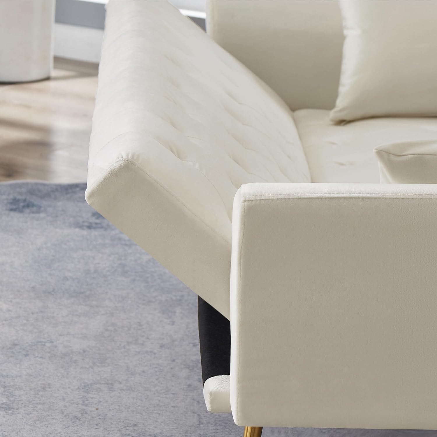 72" Velvet Futon Sofa Bed,Convertible Folding Sleeper Couch Bed,Modern Tufted Recliner Loveseat with Golden Chrome Legs for Small Living Spaces,Bedroom Dorms Office (Beige+Pillows)