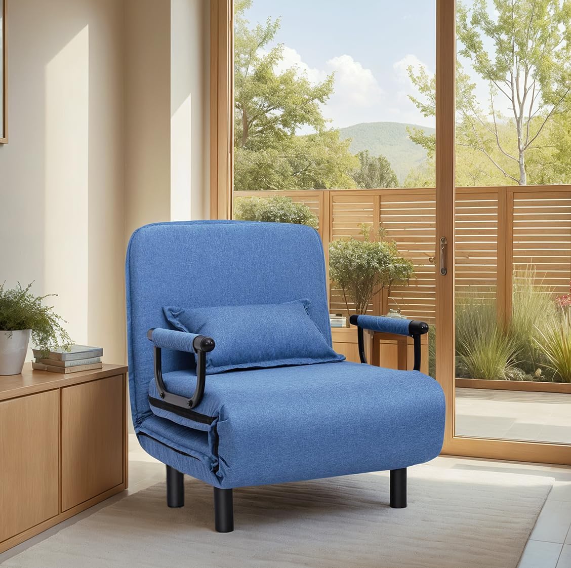 Convertible Sleeper Chair, Folding Chair Bed with Armrests for Adults, Blue Linen Single Lazy Sofa with Pillow for Living Room, Office, Bedroom, Lounge